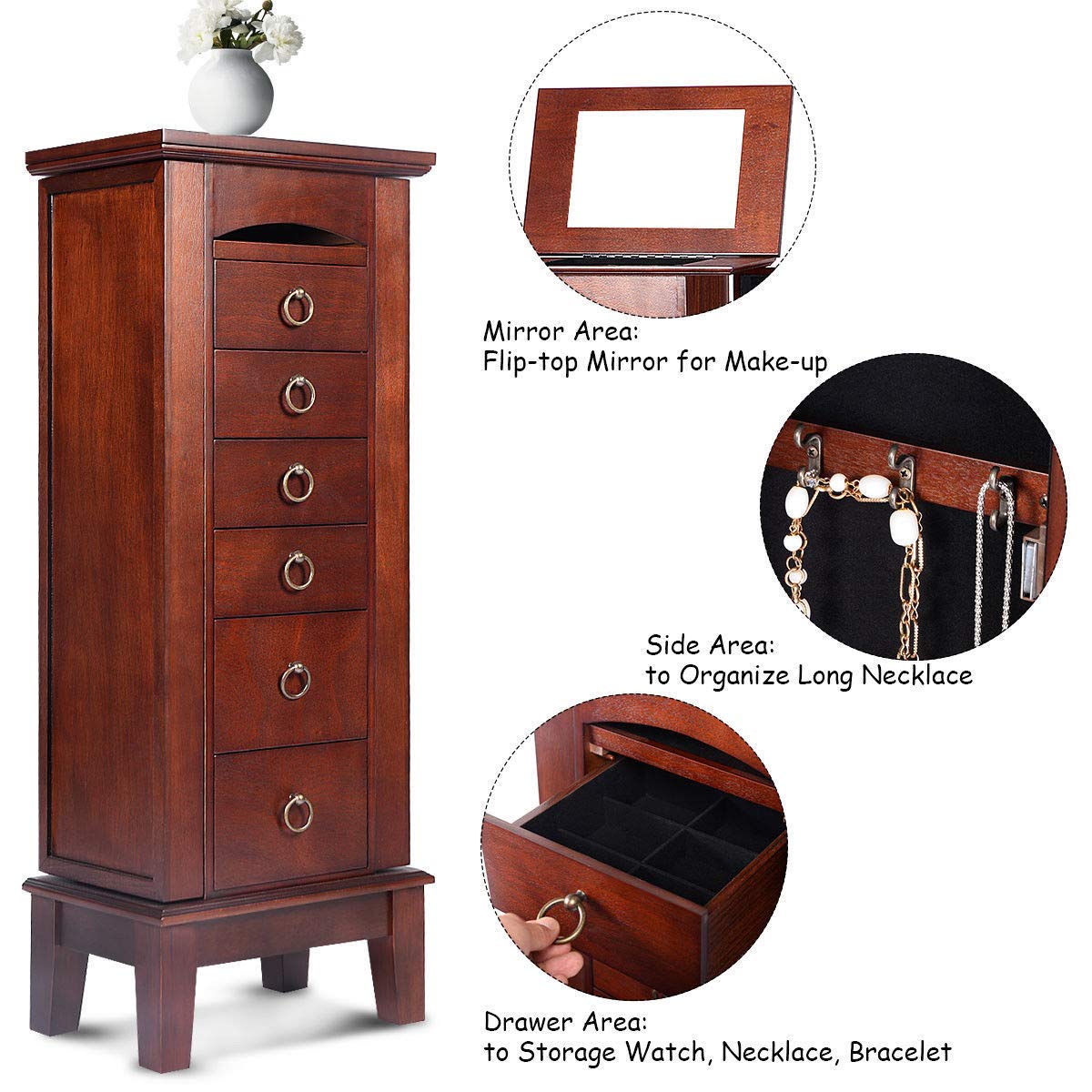 Wooden Jewelry Cabinet Armoire - Storage Organizer with Drawers for Necklaces, Rings & Accessories | Perfect for Bedroom, Closet & Vanity Organization