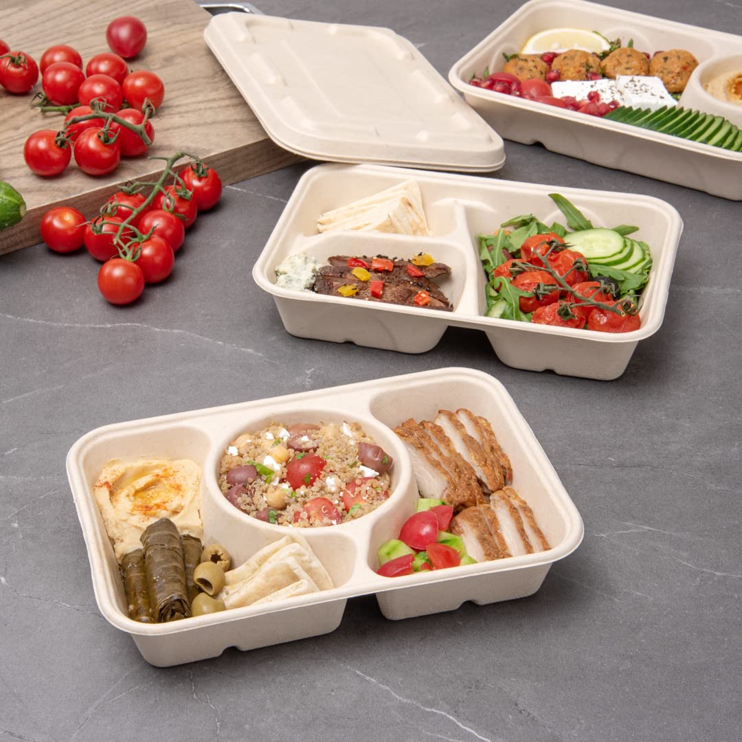 Eco-Friendly 31.3oz Sugarcane Fiber Takeout Containers - 100-Pack 3-Compartment Microwavable To-Go Boxes | Sustainable Bagasse Food Containers for Restaurants, Catering & Meal Prep (Lids Sold Separately)