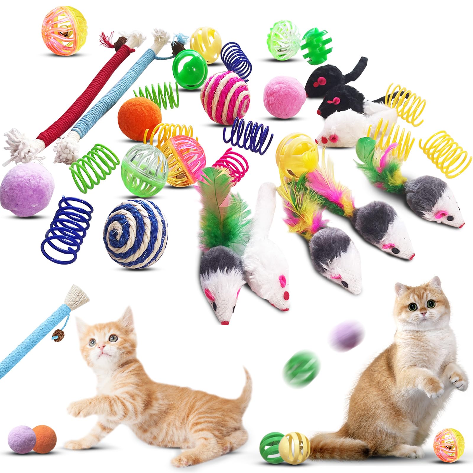 34 Pack Interactive Cat Toys for Indoor Cats - Spring Toys, Mouse, Catnip Ropes, Balls & Bells - Fun Playtime for Kittens & Adult Cats - Perfect for Exercise, Bonding & Stress Relief