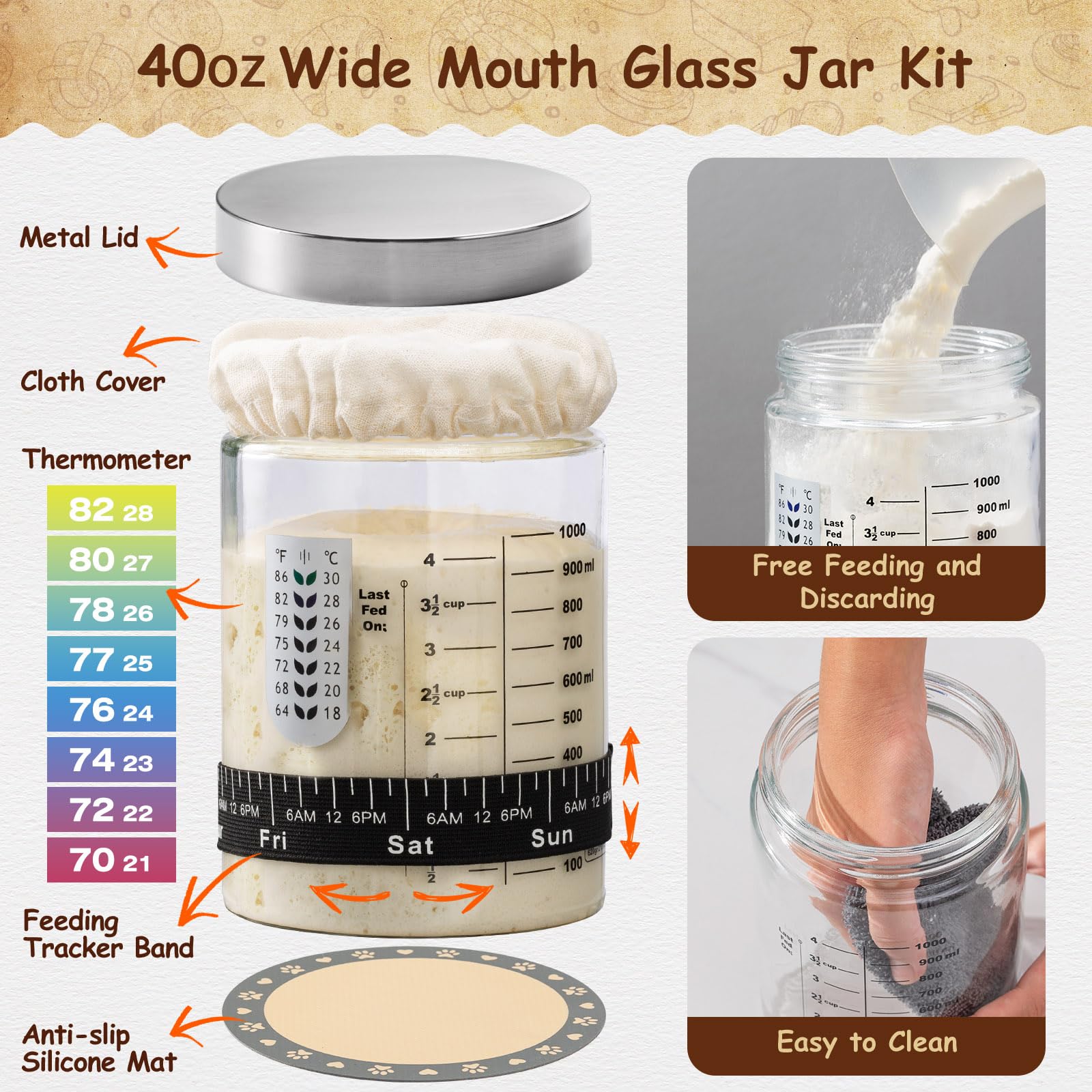 Angadona Sourdough Starter Kit - 40oz Glass Jar, 9