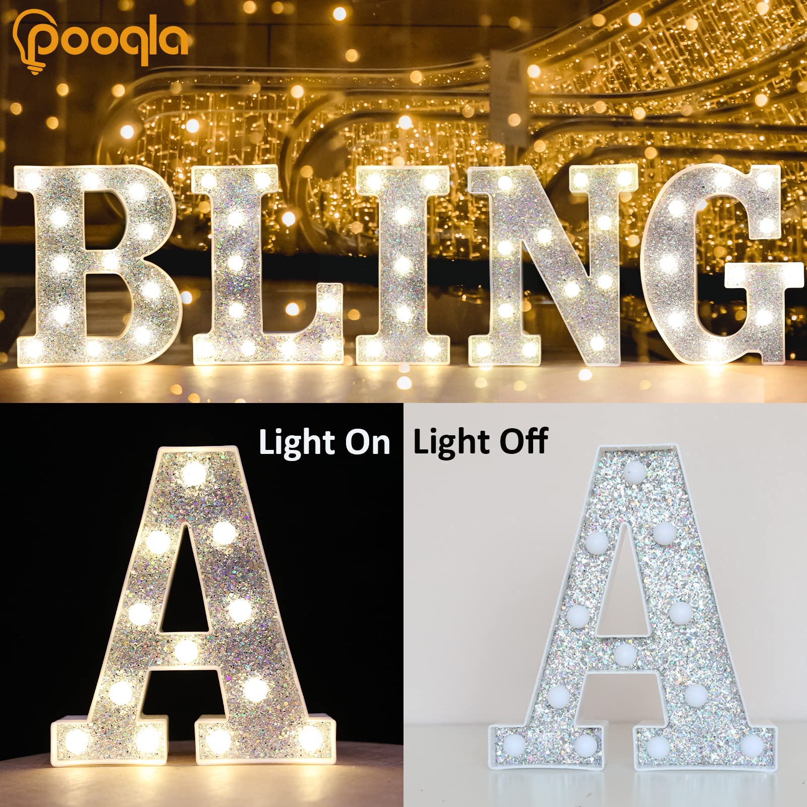 Pooqla LED Marquee Letter Lights - Silver Glitter Alphabet Sign with Battery Power for Night Light, Birthday Party, Wedding, Home Bar & Christmas Decor - Perfect for Girls Gifts & Room Decoration (Letter N)