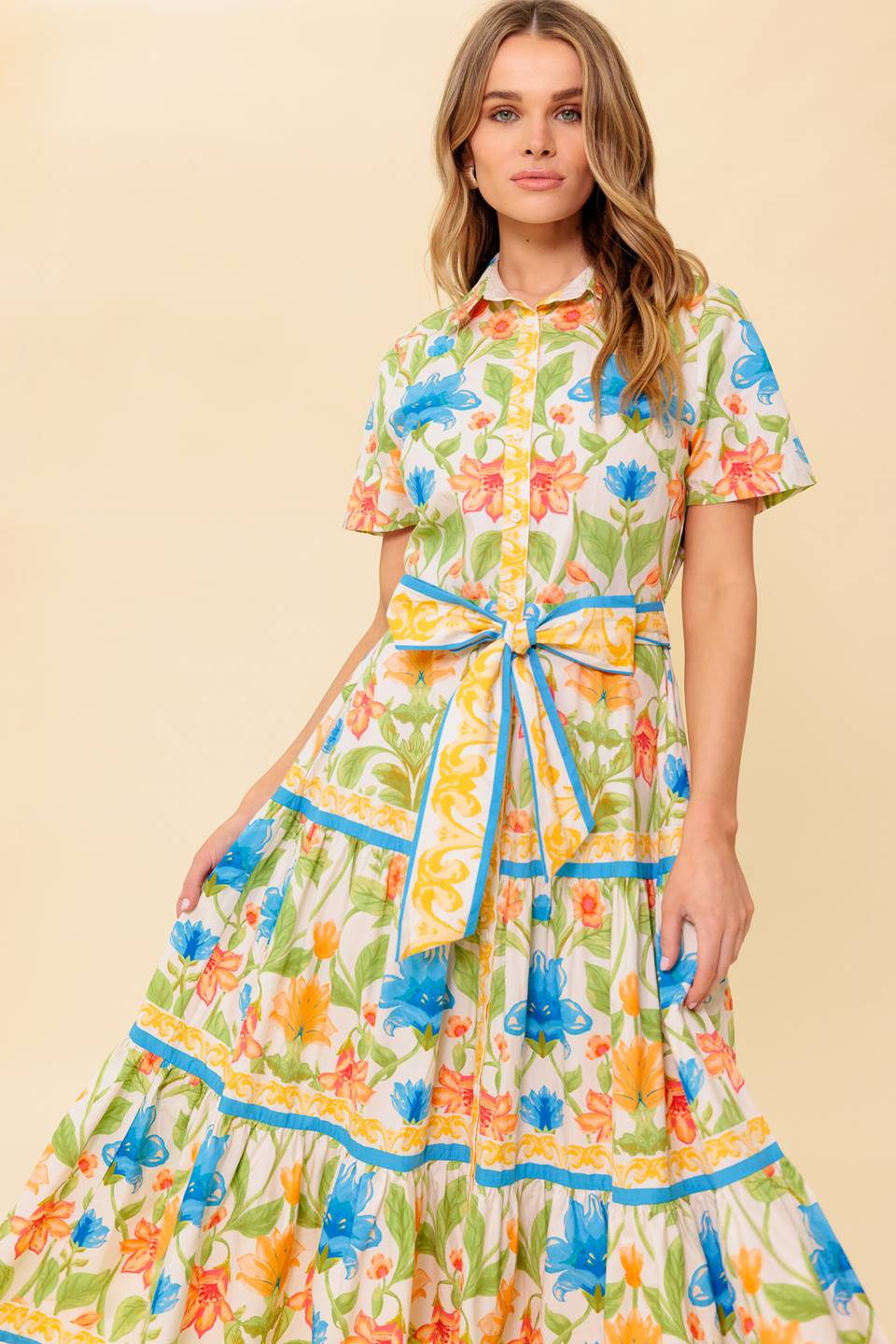Ivory Floral Shirt Dress for Women - Elegant Casual Summer Dress for Office, Brunch & Date Night