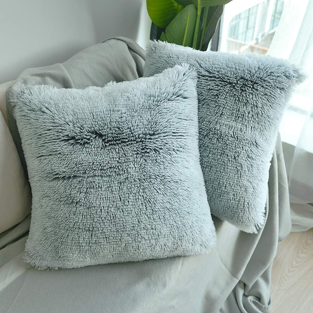 NordECO HOME Luxury Soft Faux Fur Fleece Pillow Covers 16x16 Inch - Grey Ombre 2 Pack for Sofa, Bed & Home Decor - Cozy Throw Pillow Cases Without Insert