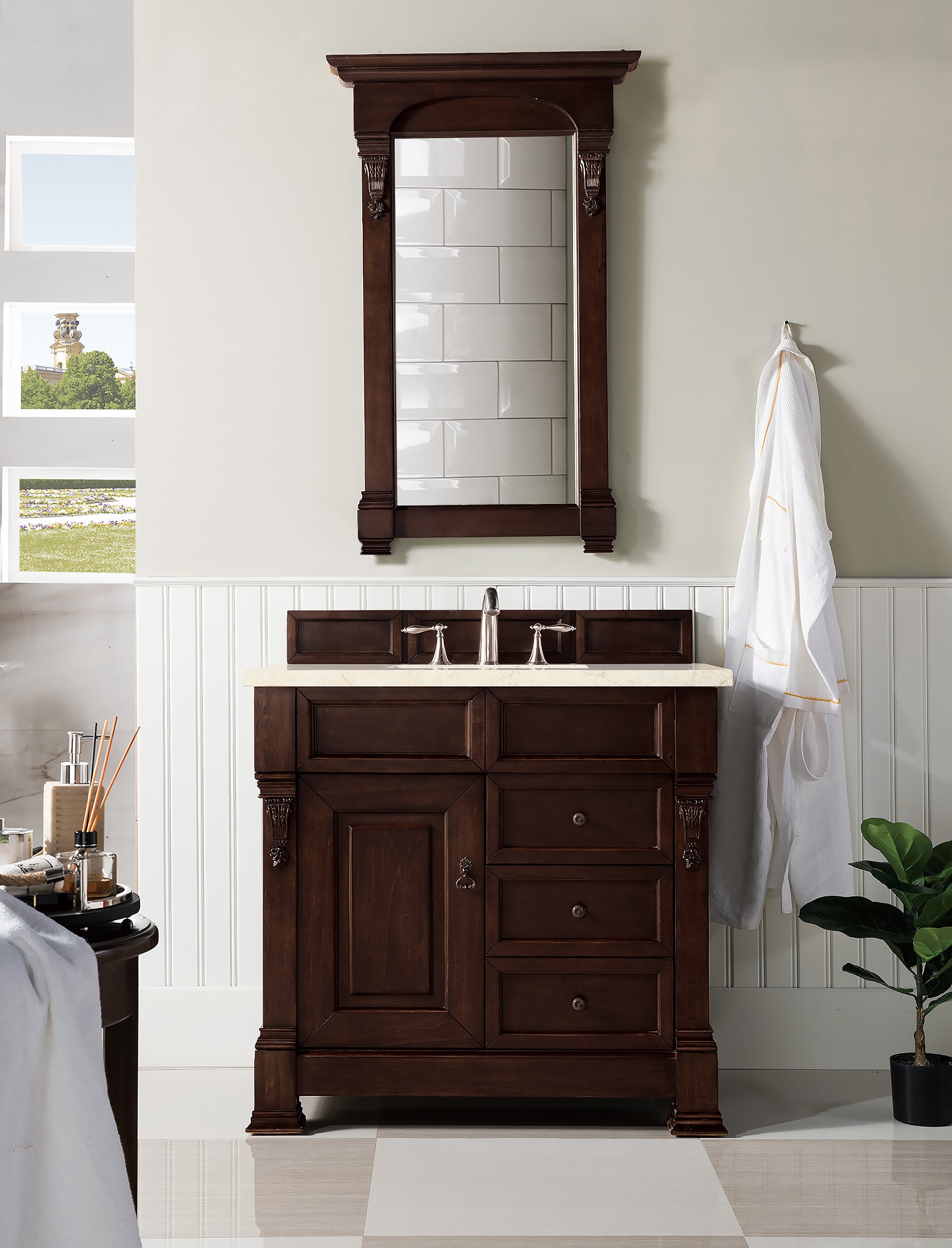 Brookfield 36 Inch Single Bathroom Vanity with Burnished Mahogany Base & 3CM Eternal Marfil Quartz Countertop - Perfect for Modern Master Bathrooms and Powder Rooms