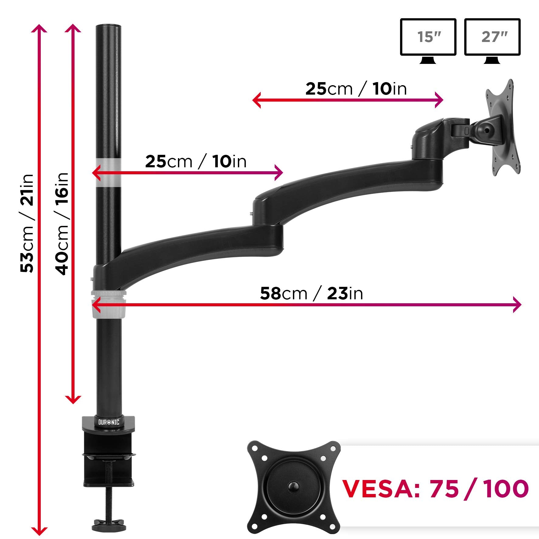 Duronic DM451X3 Single Monitor Arm Stand - Aluminum Height Adjustable Desk Mount for 13-27