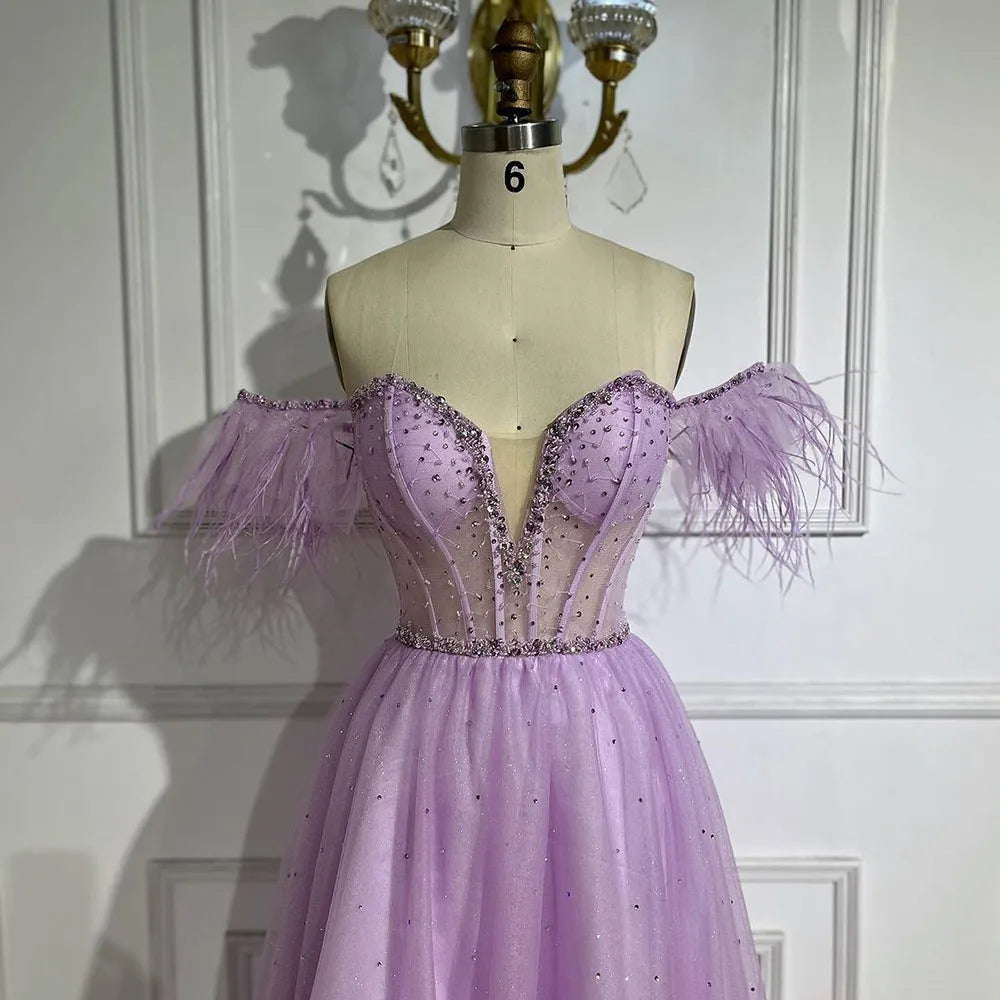 Elegant Lilac Feather Beaded A-Line Evening Gown for Women | Luxury Dubai Arabic Style Long Party Dress | Perfect for Weddings, Galas & Formal Events - LA72326