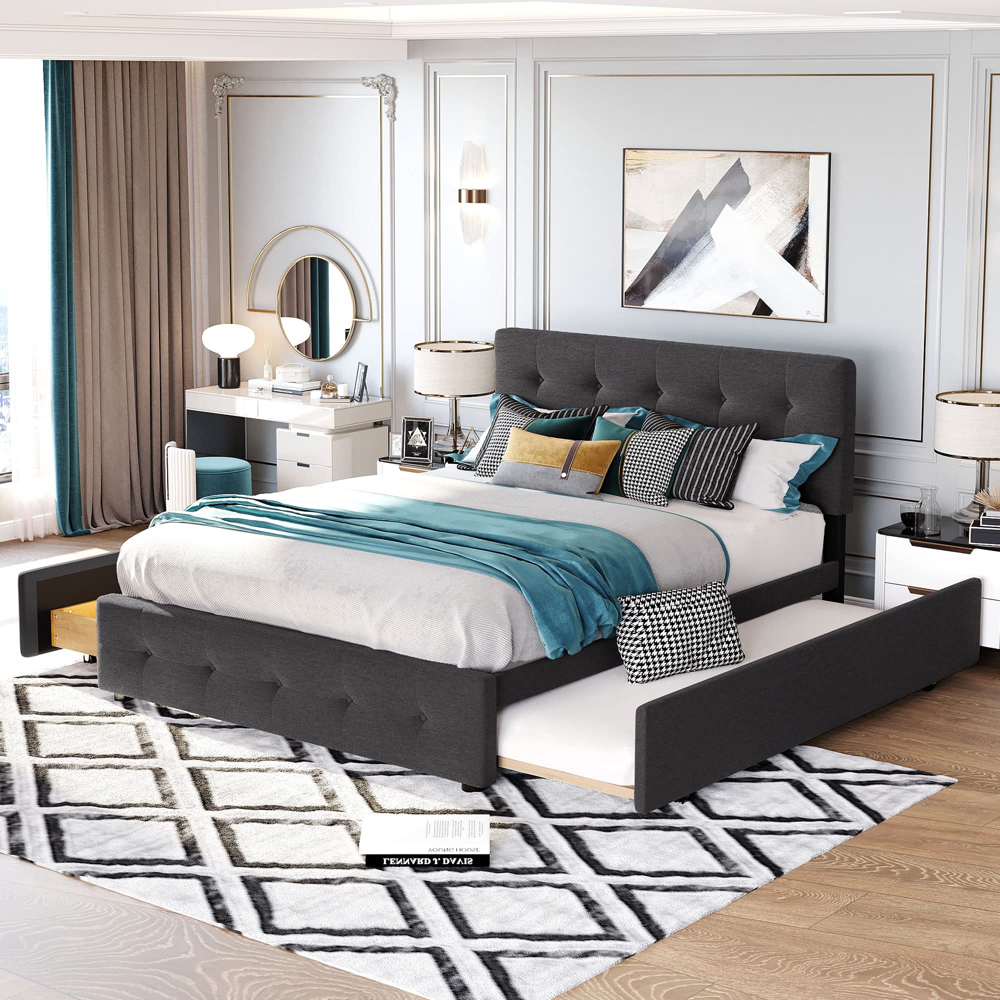 Queen Size Upholstered Platform Bed with 2 Storage Drawers & Twin XL Trundle - Linen Fabric Bed Frame with Tufted Headboard, Sturdy Wood Slats Support - Space Saving Bedroom Furniture for Small Spaces & Guest Rooms (Dark Gray)
