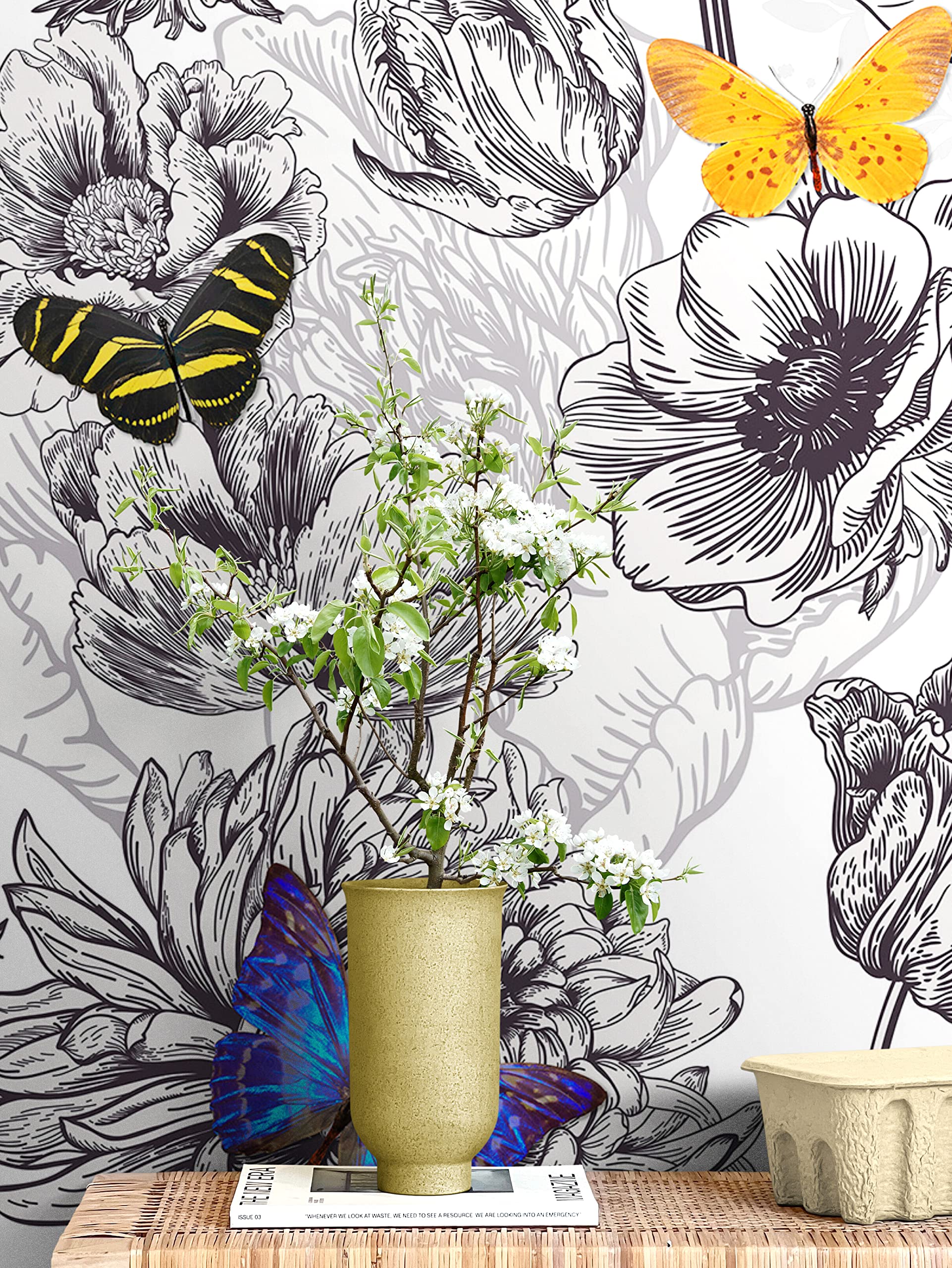 Butterflies in Flower Garden Wall Mural - Retro Black and White Floral Peel and Stick Wallpaper - 9ft x 8ft Removable Decal for Living Room, Bedroom, Nursery or Office Decor