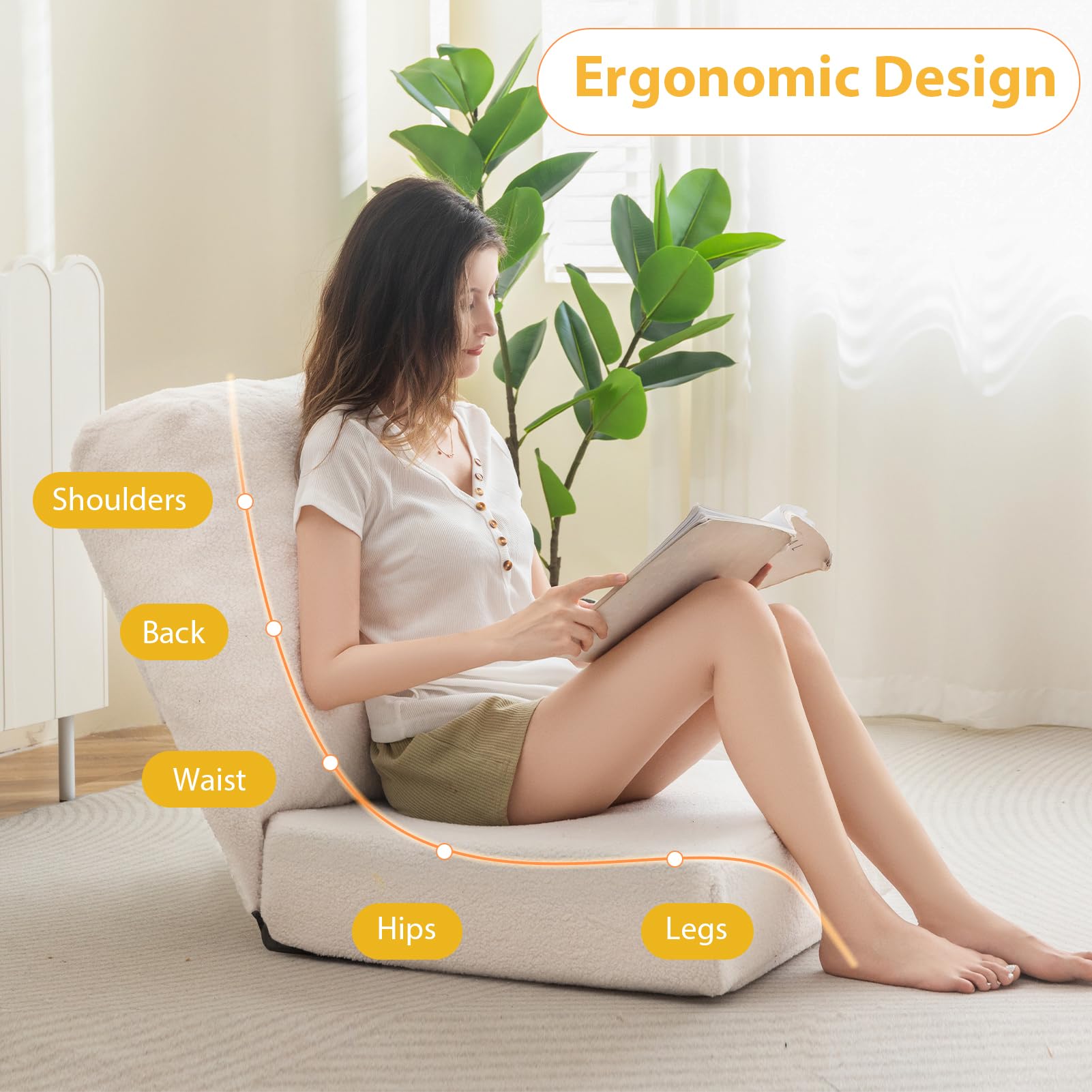 MAXYOYO Adjustable Back Support Floor Chair - Ergonomic Meditation Seat for Yoga, Reading & Relaxation - Comfortable Beige Floor Cushion for Home, Office & Zen Spaces
