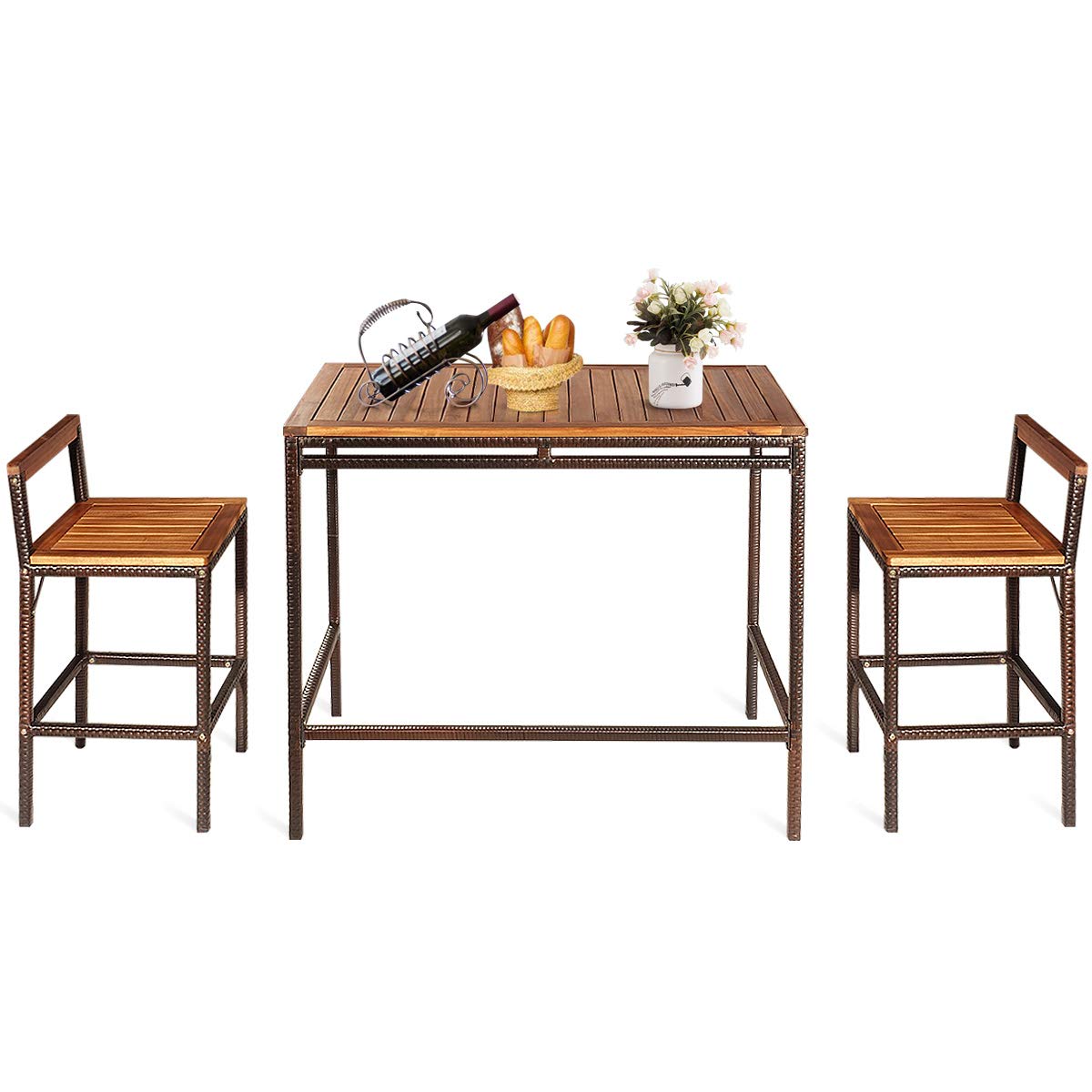 Tangkula 3-Piece Outdoor Bar Table Set - Acacia Wood Top Rattan Bistro Set with 2 Bar Stools for Patio, Backyard, Balcony & Dining Room | Perfect for Outdoor Entertaining, Alfresco Dining & Small Space Decor