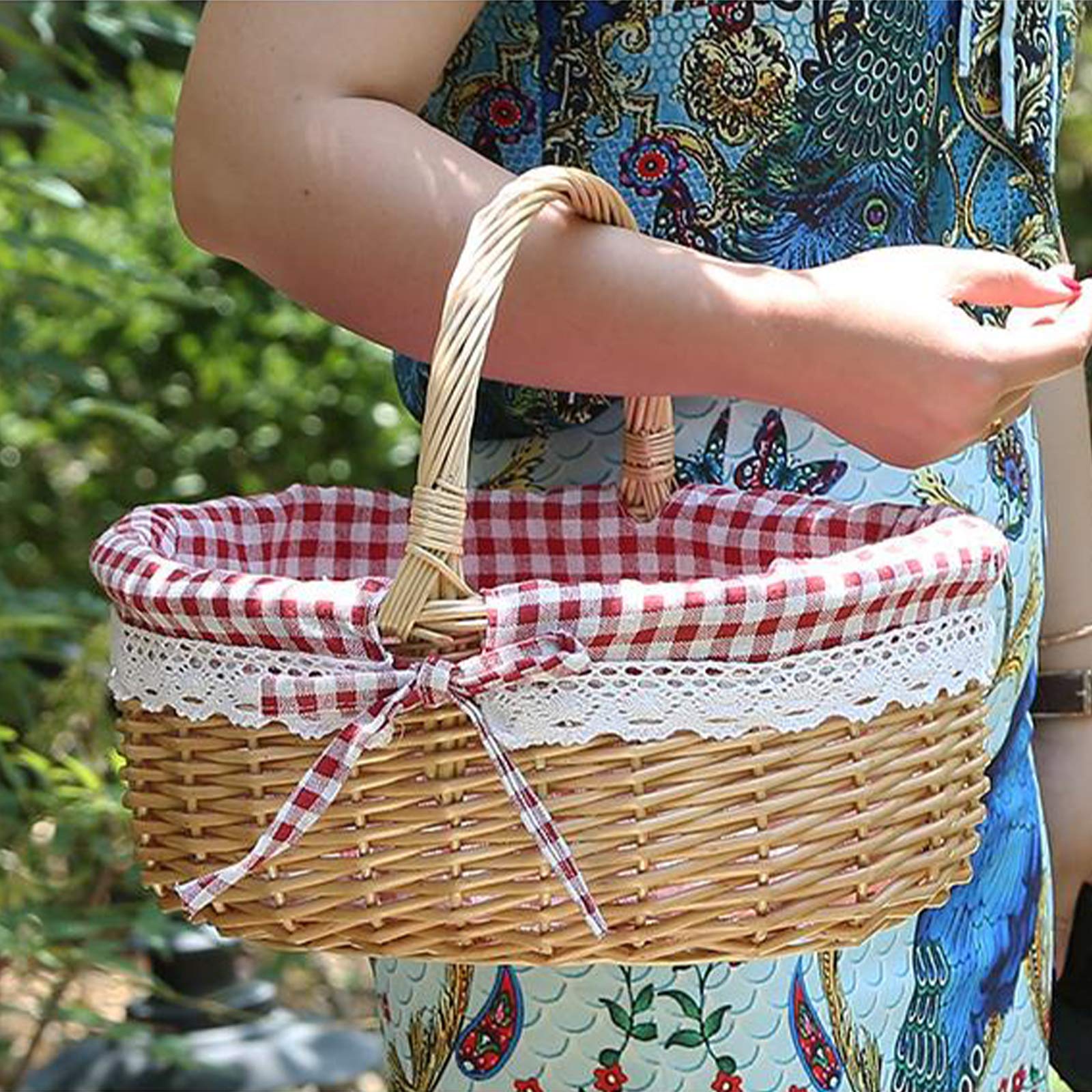 Handmade Woven Willow Picnic Basket with Handle - 10.2 x 7.9 x 11 Inch Oval Storage Hamper for Candy, Fruits, Bread - Perfect for Camping, Hiking, Beach Outings & Wedding Decor