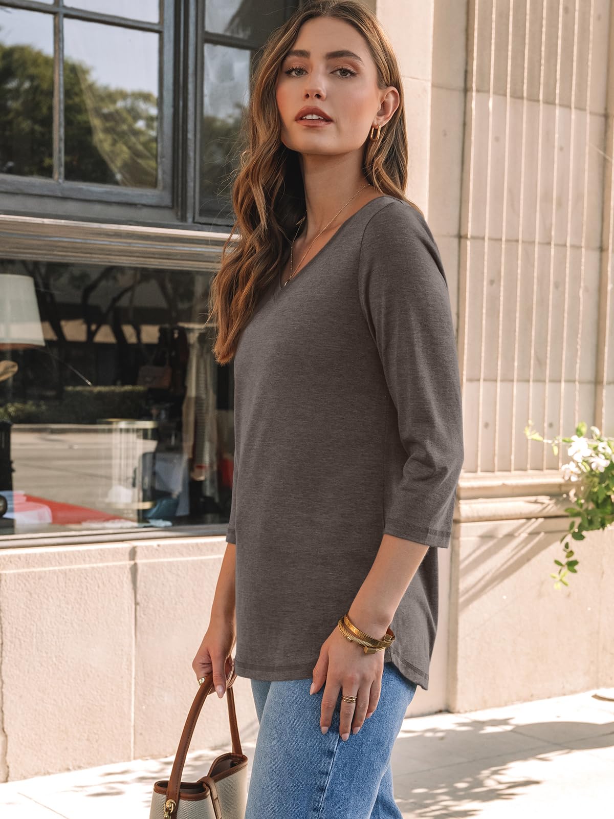 AUTOMET Women's 3/4 Sleeve V-Neck Tunic Blouse - 2025 Summer Casual & Work Tops, Spring Office Wear & Everyday Outfits | Perfect for Business Casual, Date Nights & Weekend Brunch