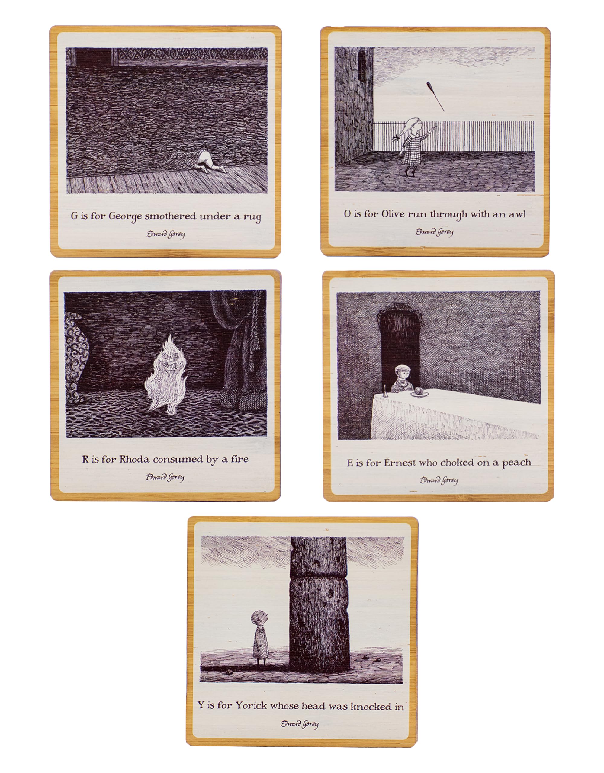 Edward Gorey™ The Gashlycrumb Tinies Laser-Cut Bamboo Coasters Set with Holder - Gothic Home Decor for Coffee Tables, Bars & Dining Rooms - Unique Drink Coasters for Wine, Cocktails & Coffee (Set of 4, G,O,R,E,Y)