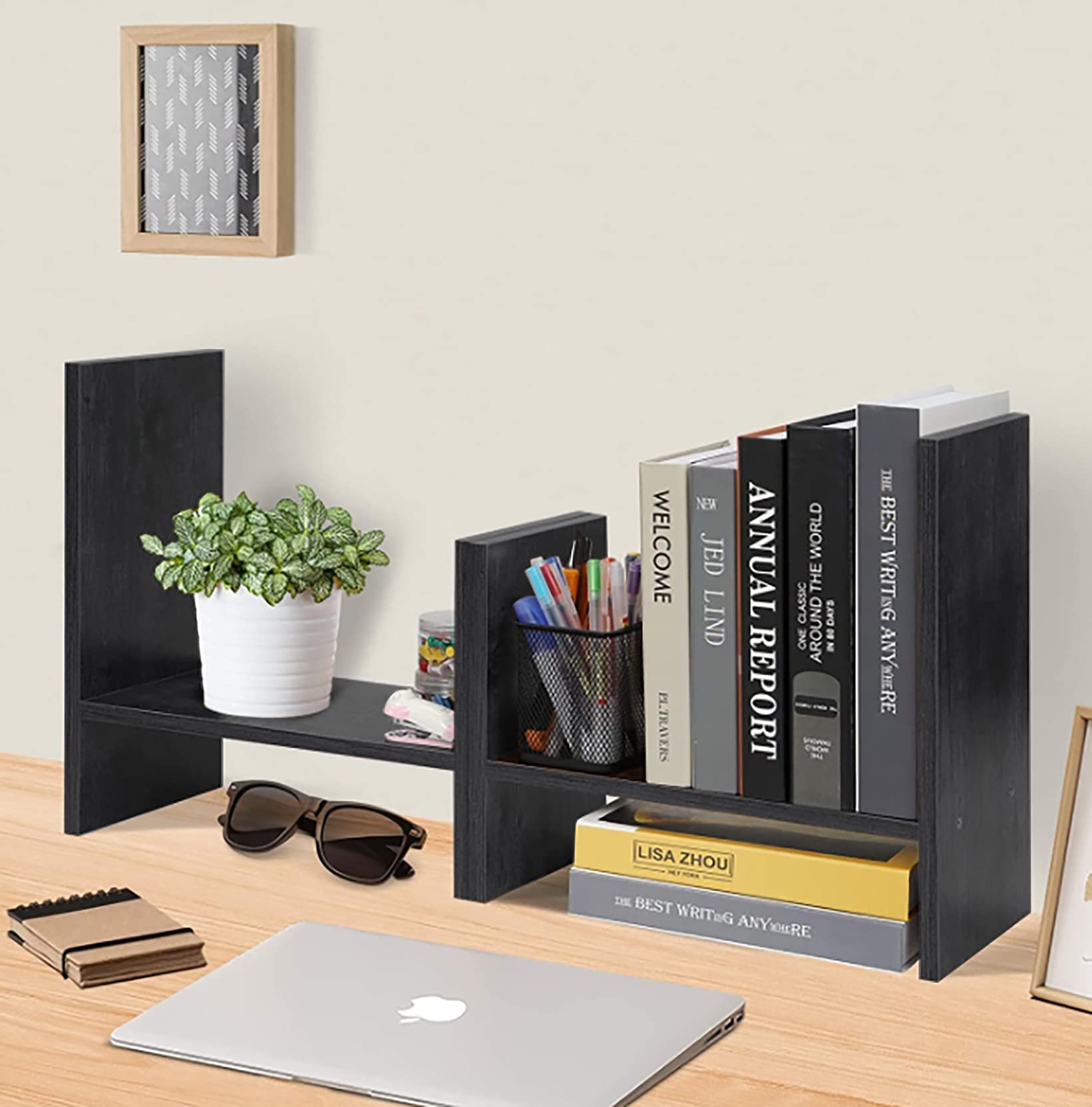 Adjustable Wooden Desktop Bookshelf Organizer - Dark Brown Office Storage Rack, Counter Display Shelf & Bookcase for Desk Organization | Perfect for Home Office, Study Room & Workspace Decor