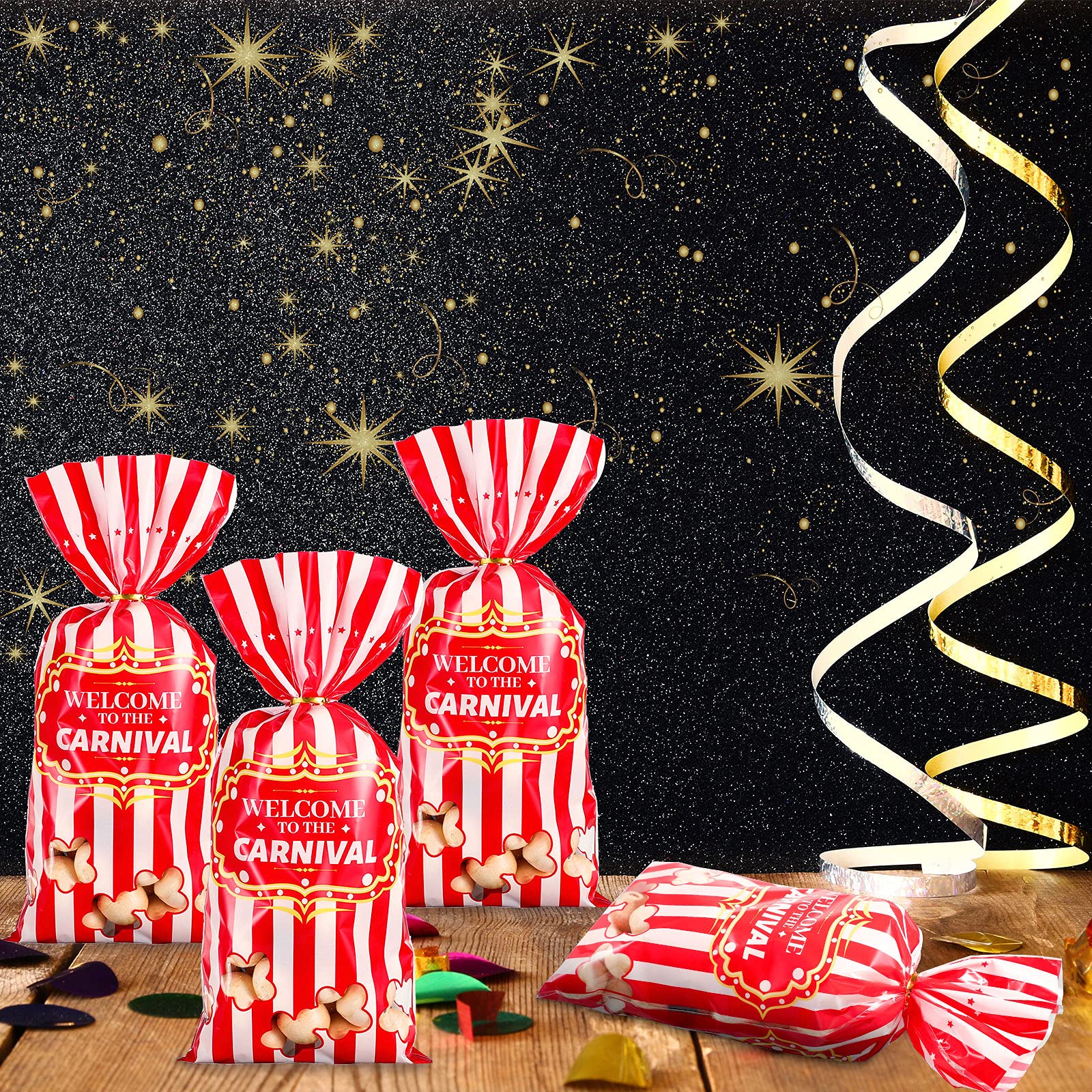 Epakh Carnival Candy Bags - 200 Pack Circus-Themed Plastic Party Favor Bags with Popcorn Pattern & Gold Twisted Ties for Halloween, Birthday Parties, Baby Showers & Wedding Favors - Perfect for Treats, Cookies & Cupcakes