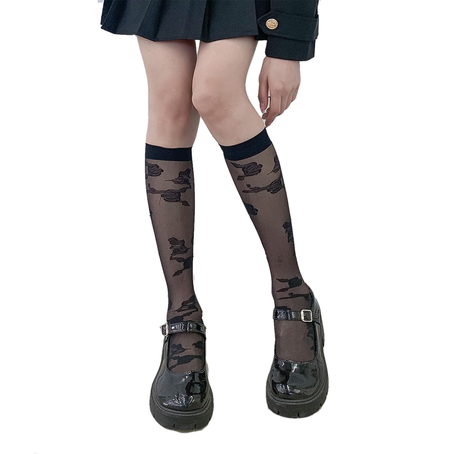 Benefeet Women's Sheer Knee High Socks - Black & White Lace Stockings for Lolita Fashion