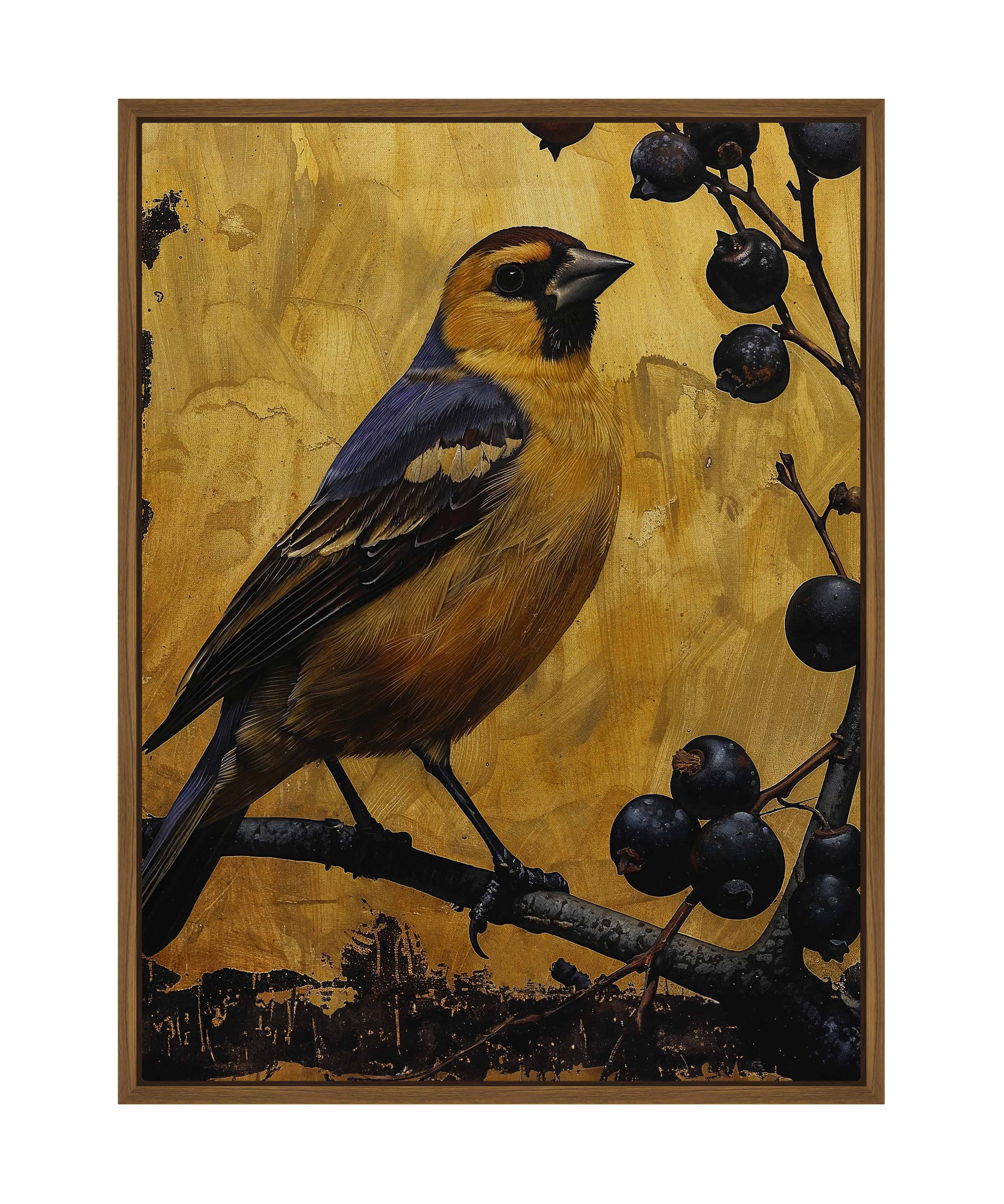 Gilded Harmony Finch Among Berries Gallery Wrapped Canvas Wall Art - Beautiful Nature Bird Painting for Living Room, Bedroom & Office Decor
