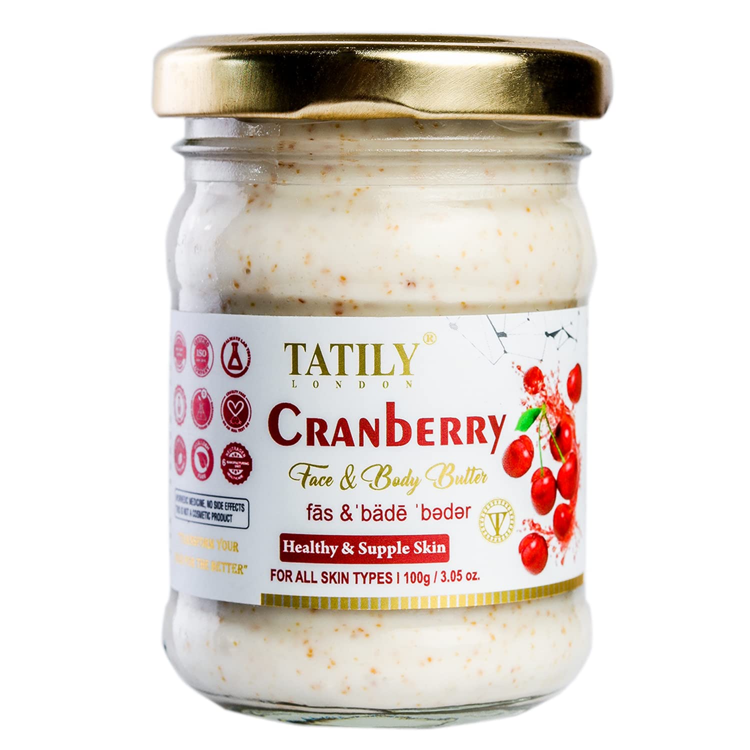 Tatily London Cranberry Face & Body Butter for Dry Skin 100g - Shea Butter & Almond Oil Moisturizer for Women & Men | Non-Greasy, Non-Sticky Formula for All Skin Types | Perfect for Daily Hydration, After Shower & Winter Care