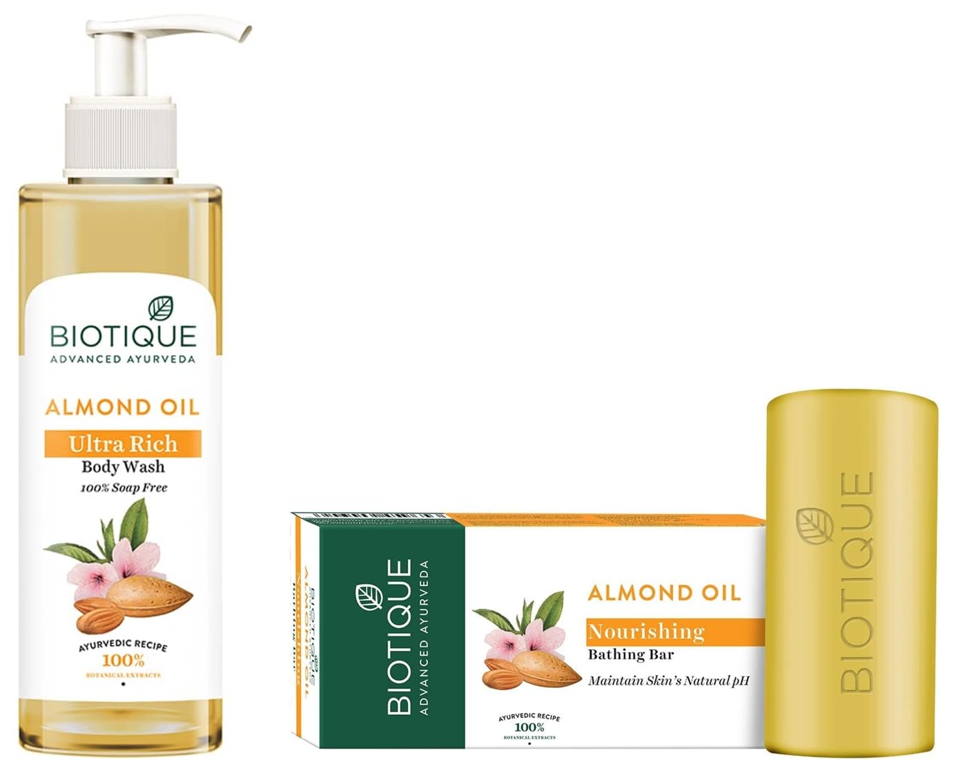 Biotique Almond Oil Ultra Rich Body Wash with Botanical Extracts - 200ml & Nourishing Almond Oil Body Soap - 150g | Hydrating & Moisturizing for Dry Skin - Perfect for Daily Shower & Spa Relaxation