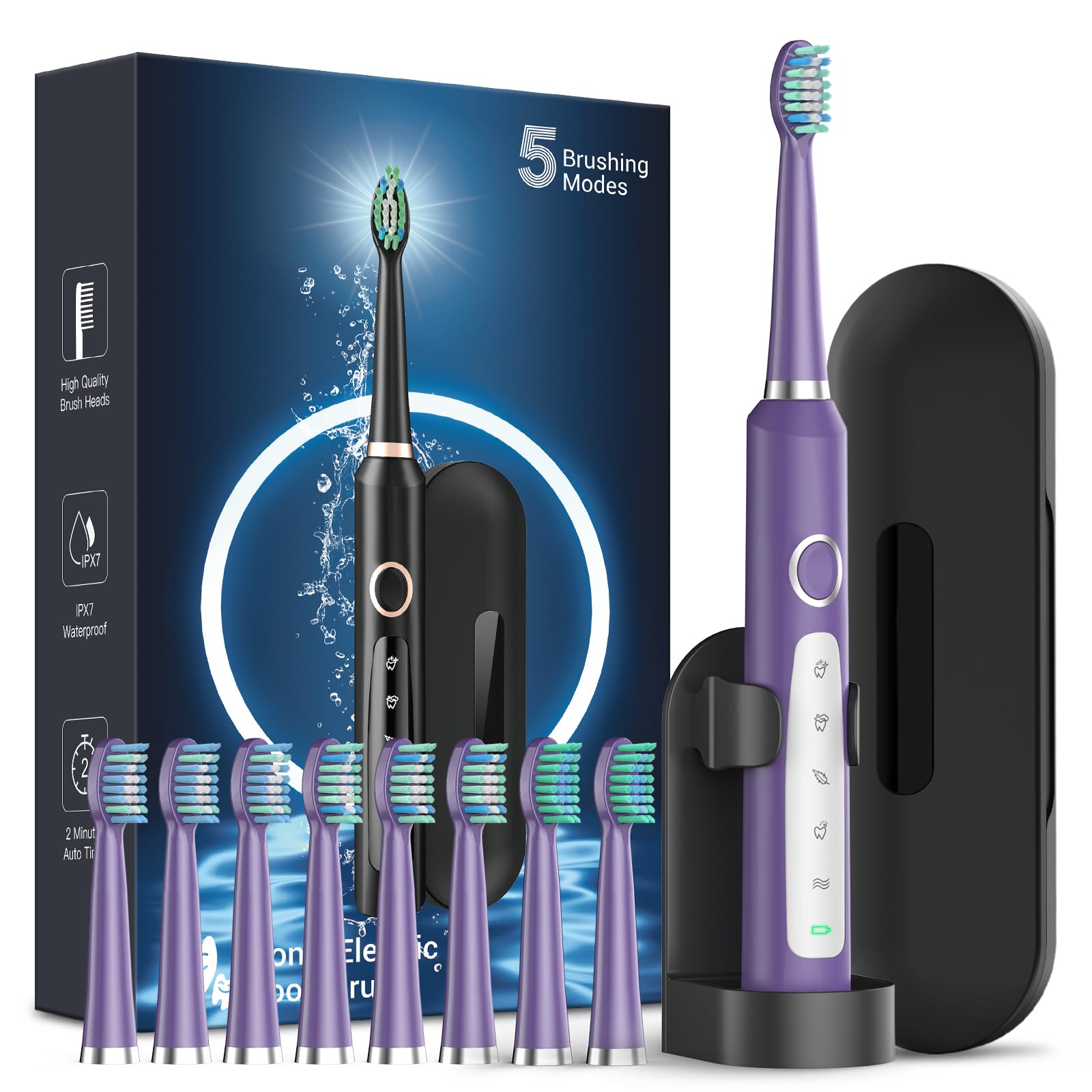 Rtauys M5 Sonic Electric Toothbrush for Adults & Kids - Rechargeable Toothbrush with 8 Brush Heads & Travel Case, 120-Day Battery Life, Purple - Perfect for Travel, Home & Daily Oral Care