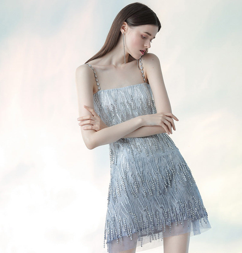 French Spaghetti Strap Tassel Dress | Shiny Beaded Homecoming Dress 1344 | Perfect for Prom, Evening Parties & Special Occasions