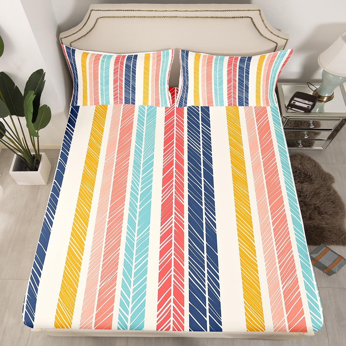 Rainbow Striped Queen Size Sheet Set - Colorful Striped Fitted Sheet for Kids, Teens & Adults | Trippy Iridescent Bedding for Boho & Hippie Style Bedrooms - Perfect for Dorm Rooms, Guest Beds & Vibrant Home Decor