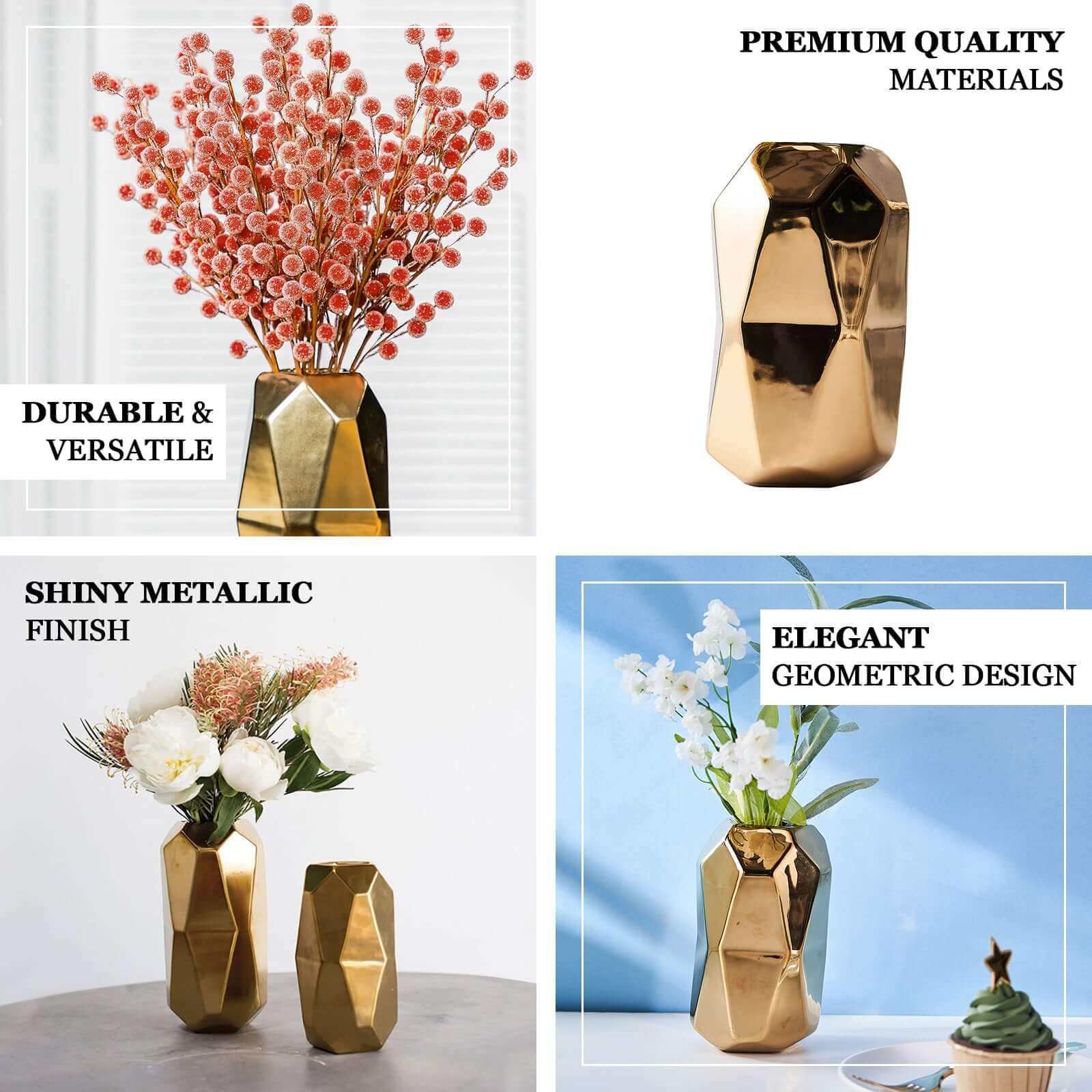 Efavormart 2 Pack 6 Inch Gold Geometric Ceramic Vases - Modern Cylinder Table Vases for Dining Table Centerpiece, Coffee Table Decor, Kitchen Counter, Office Desk, Wedding & Party Decorations - Elegant Home & Event Decoration