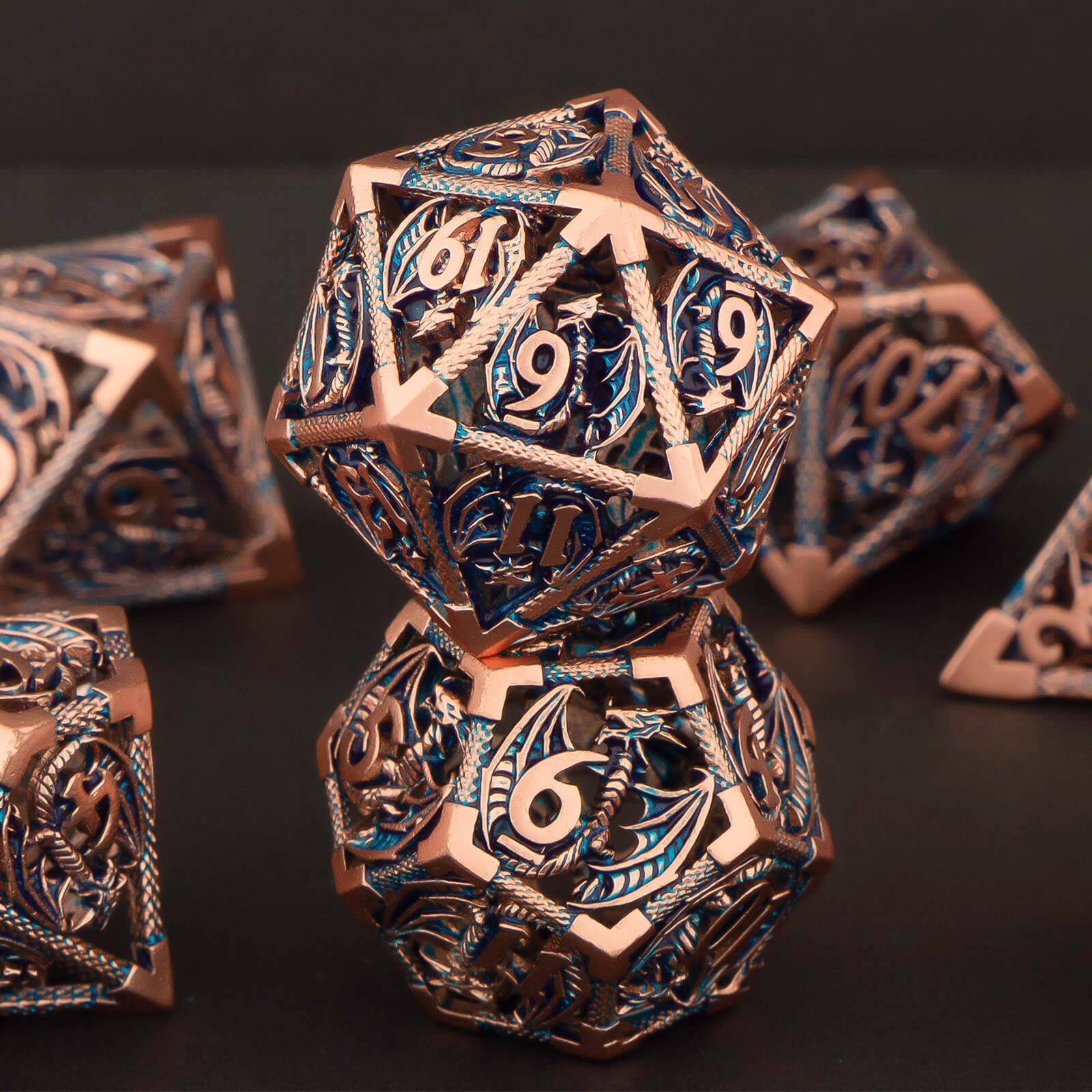 Premium Hollow Metal D&D Dice Set - 7-Piece Polyhedral RPG Dice (D20, D12, D10, D8, D6, D4) with Gift Box - Gold & Blue Dungeons and Dragons Dice for Tabletop Gaming, RPG Sessions & Collector's Display