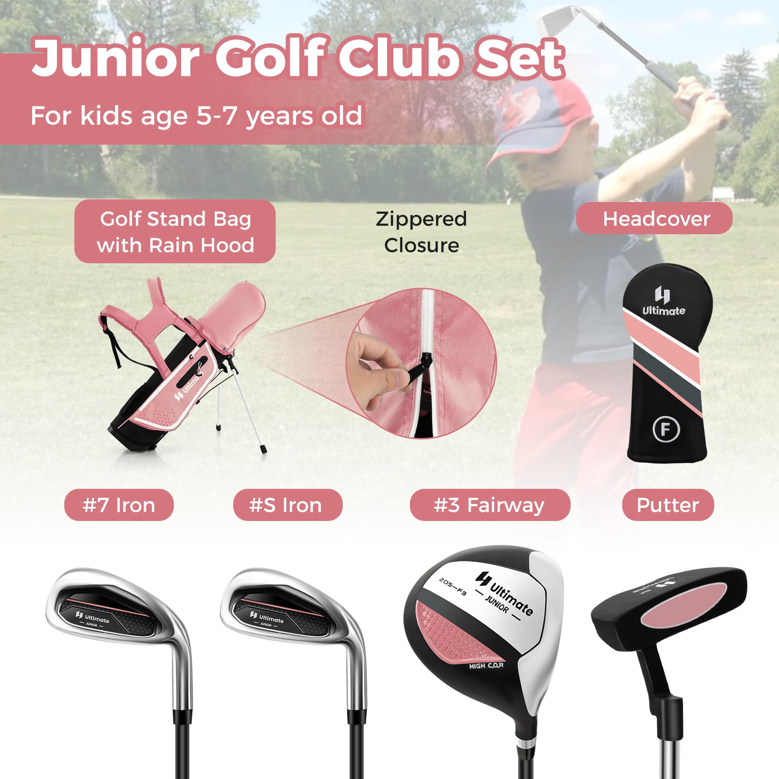 **Goplus Junior Complete Golf Club Set for Kids Ages 5-13 - Right Hand Golf Clubs with Stand Bag, Rain Hood & Practice Accessories - Perfect for Boys & Girls Learning Golf at Home or Driving Range**