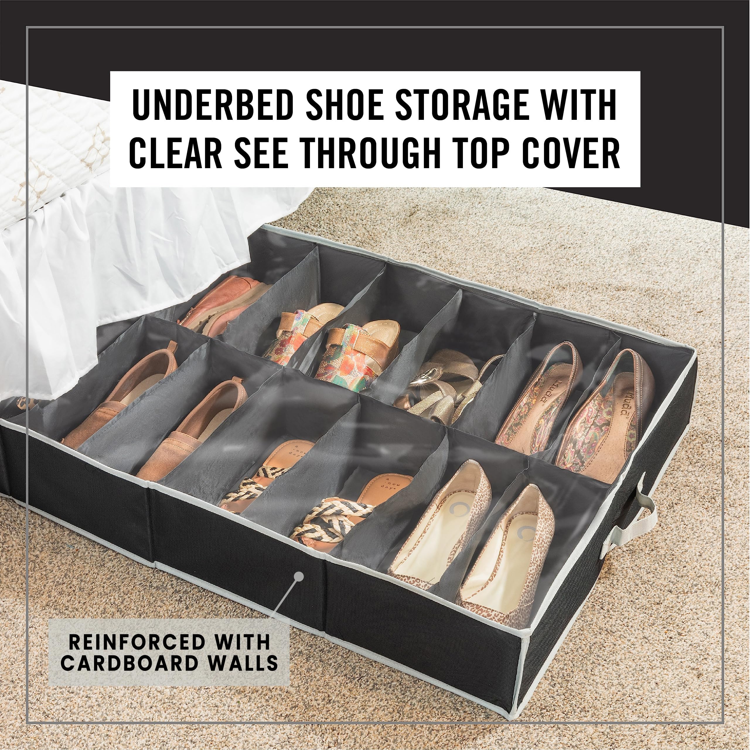 Extra-Large Under Bed Shoe Storage Organizer - Durable Vinyl Cover with Strong Zipper for Men's & Women's Shoes, Sneakers & High Heels | Space-Saving Closet & Bedroom Organization Solution | Perfect for Small Apartments & Dorm Rooms