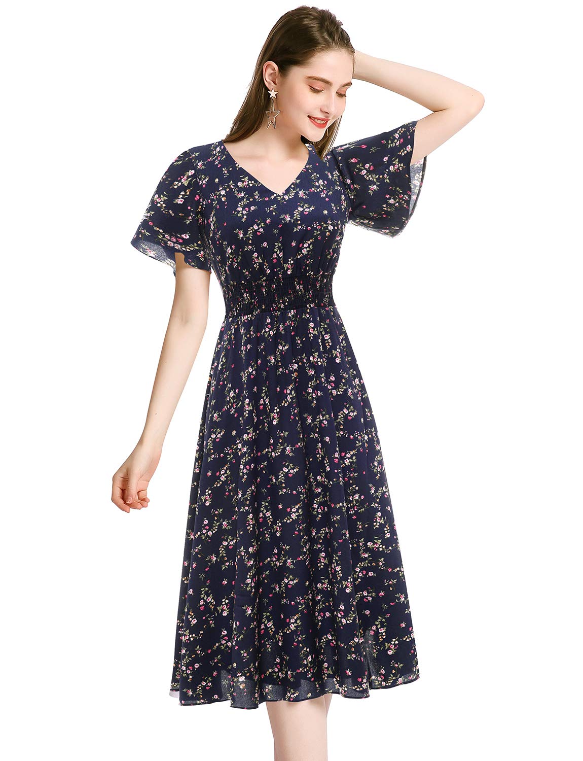 Gardenwed Women's Chiffon Floral Summer Dress - Elastic Waist Beach Sundress for Outdoor Parties, Vacations & Casual Wear