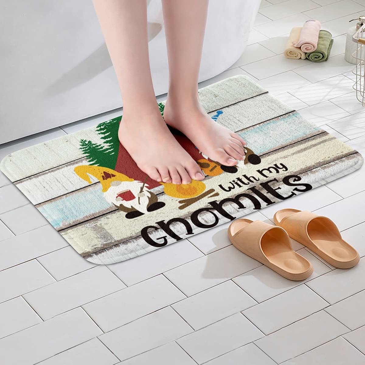 Cute Gnome Happy Camping Bath Mats - Non-Slip Water Absorbent Bathroom Rugs for Kids, Farmhouse & Rustic Decor (16