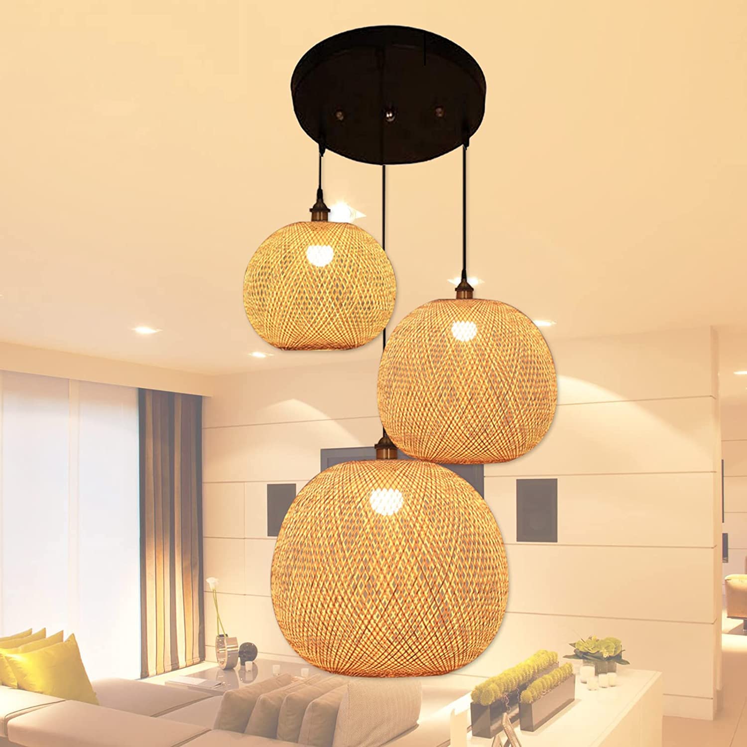 Vintage Japanese Style Bamboo Lantern Pendant Light - E27 Hanging Chandelier Ceiling Lamp for Living Room, Bedroom, Cafe & Restaurant | Perfect for Zen Decor, Asian-Themed Spaces & Cozy Ambiance Lighting