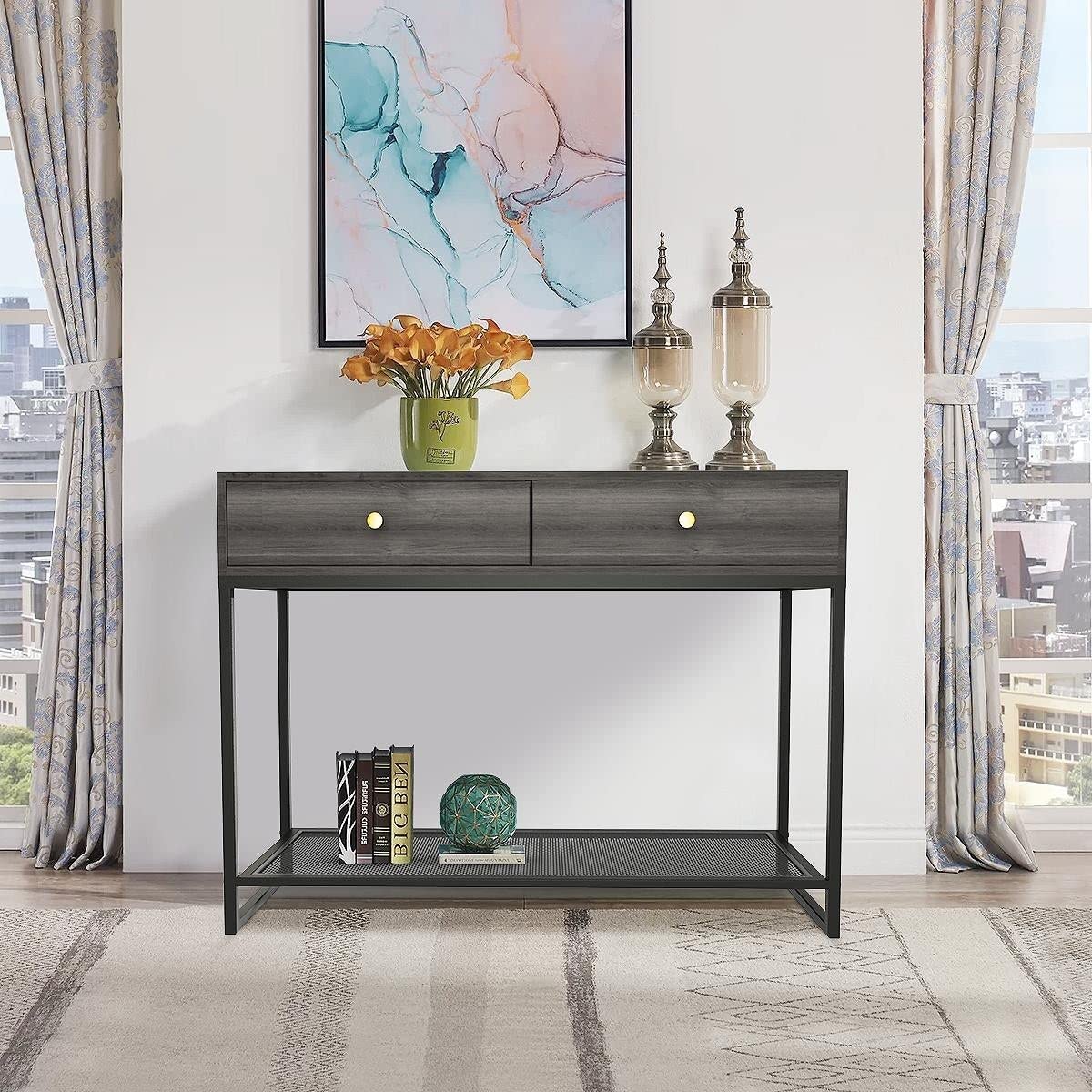 2-Tier Entryway Console Table with 2 Drawers & Open Shelf - Wood Grain Finish & Powder-Coated Metal Frame in Grey Rustic - Perfect for Hallway, Living Room & Small Space Organization