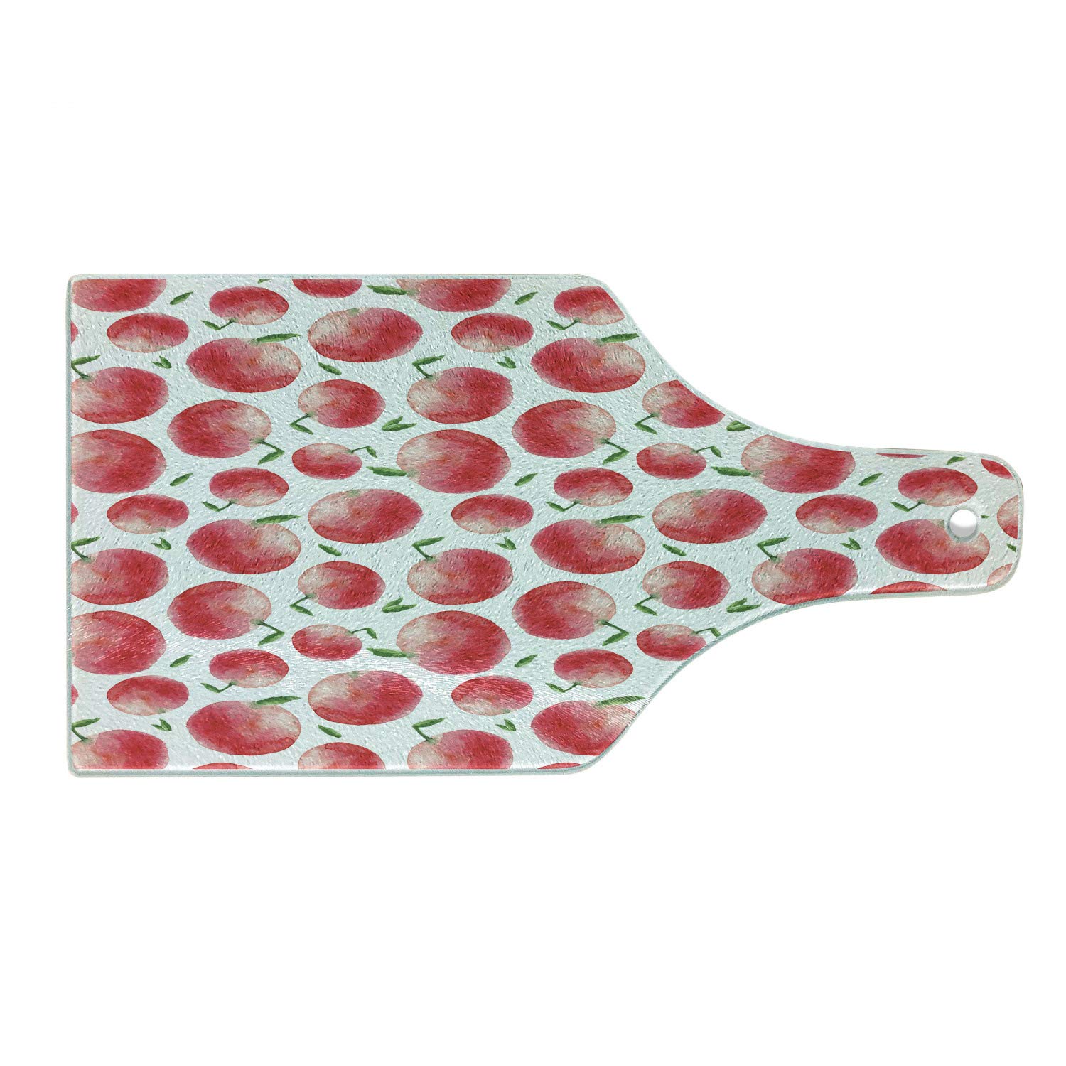 Ambesonne Apple Themed Cutting Board - Hand Painted Watercolor Art with Green Leaves, Tempered Glass Serving Board for Kitchen, Wine Bottle Shape in Dark Coral Green White - Perfect for Fruit Display, Cheese Platter & Wine Pairing Parties