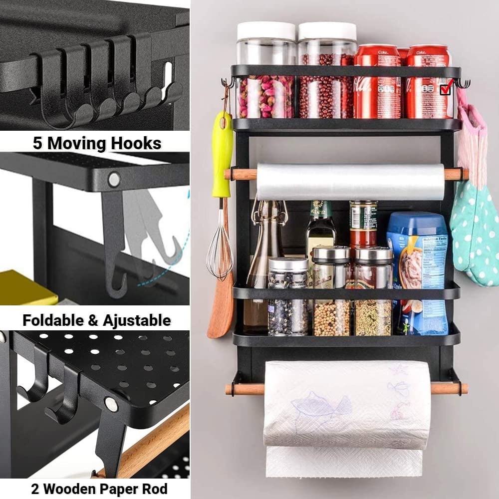 2-Tier Magnetic Spice Rack & Paper Towel Holder - Black Refrigerator Organizer for Kitchen Storage | Space-Saving Spice Shelf for Pantry, Cabinets & Small Kitchens