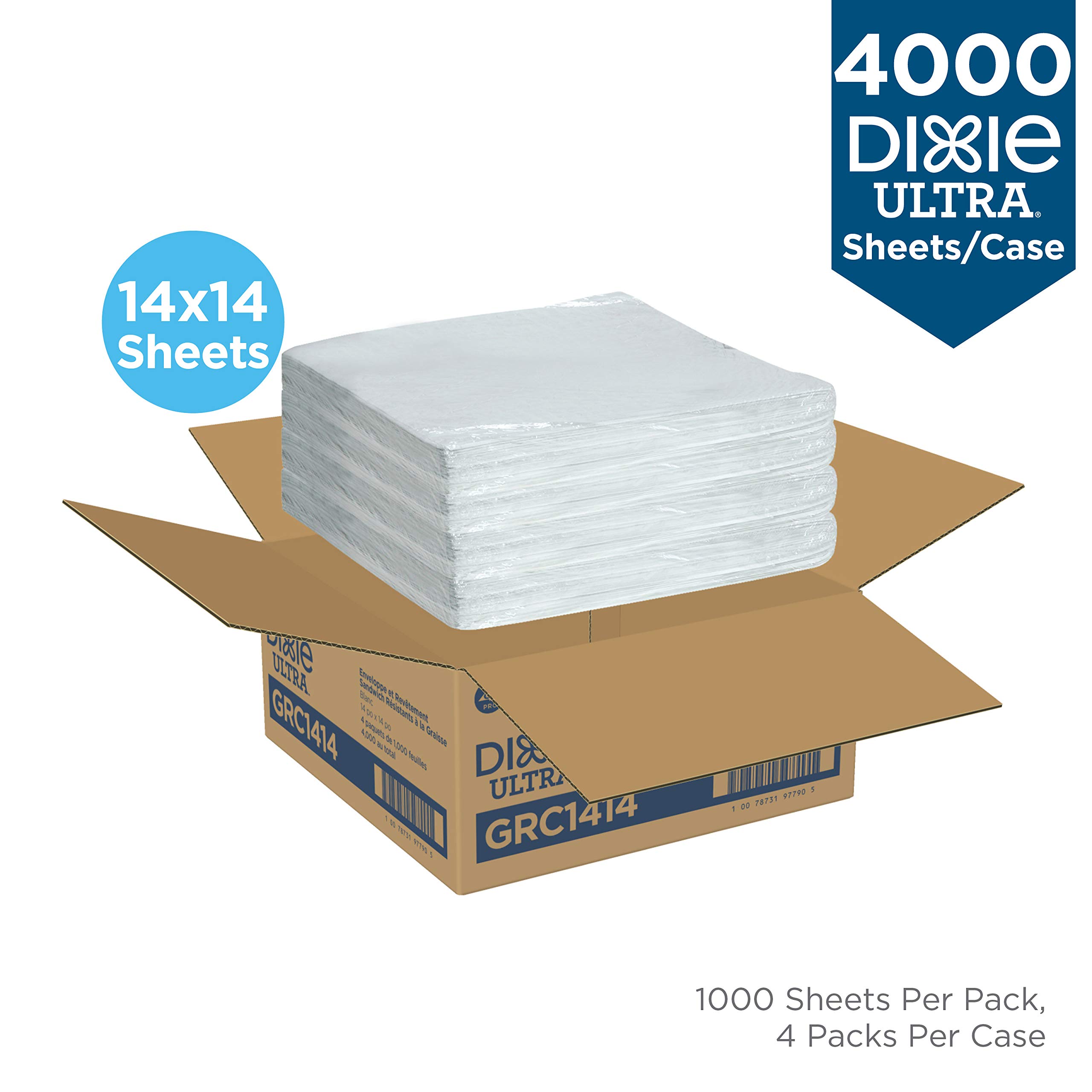 Dixie Ultra Grease Resistant Sandwich Wrapping Paper - 14x14 Inch White Food Service Sheets (4000 Count, 4 Packs of 1000) - Perfect for Delis, Cafes & Takeout Restaurants