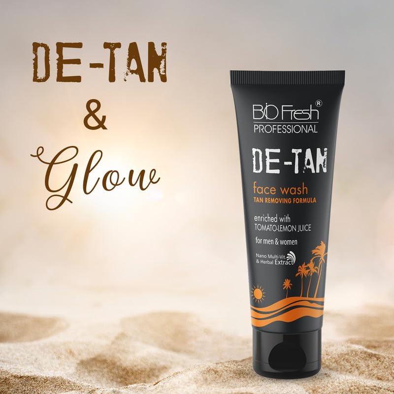 BIOFRESH Tan Removal De-Tan Face Wash - 75ml Oil Control Face Cleanser with Tomato & Lemon Juice for Sun Tan Removal, Brightening & Daily Cleansing - Suitable for Men & Women (Pack of 1) - Perfect for Post-Sun Care & Daily Skincare Routine