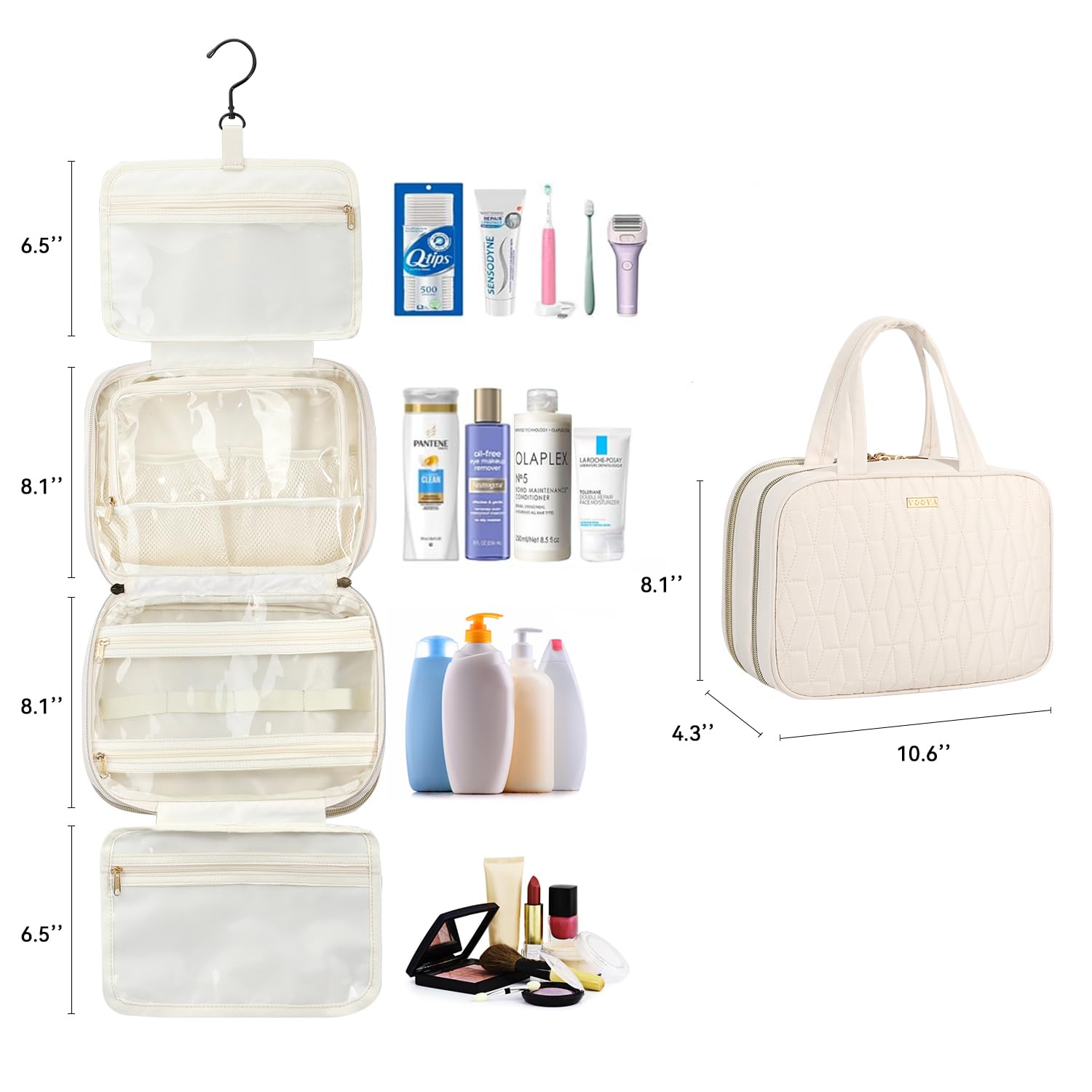 Voova Hanging Travel Toiletry Bag for Women & Men - Waterproof Cosmetic Organizer with Full-Sized Container & Brush Set - Perfect for Shampoo, Makeup & Travel Essentials (Beige) - Ideal for Camping, Gym & Business Trips