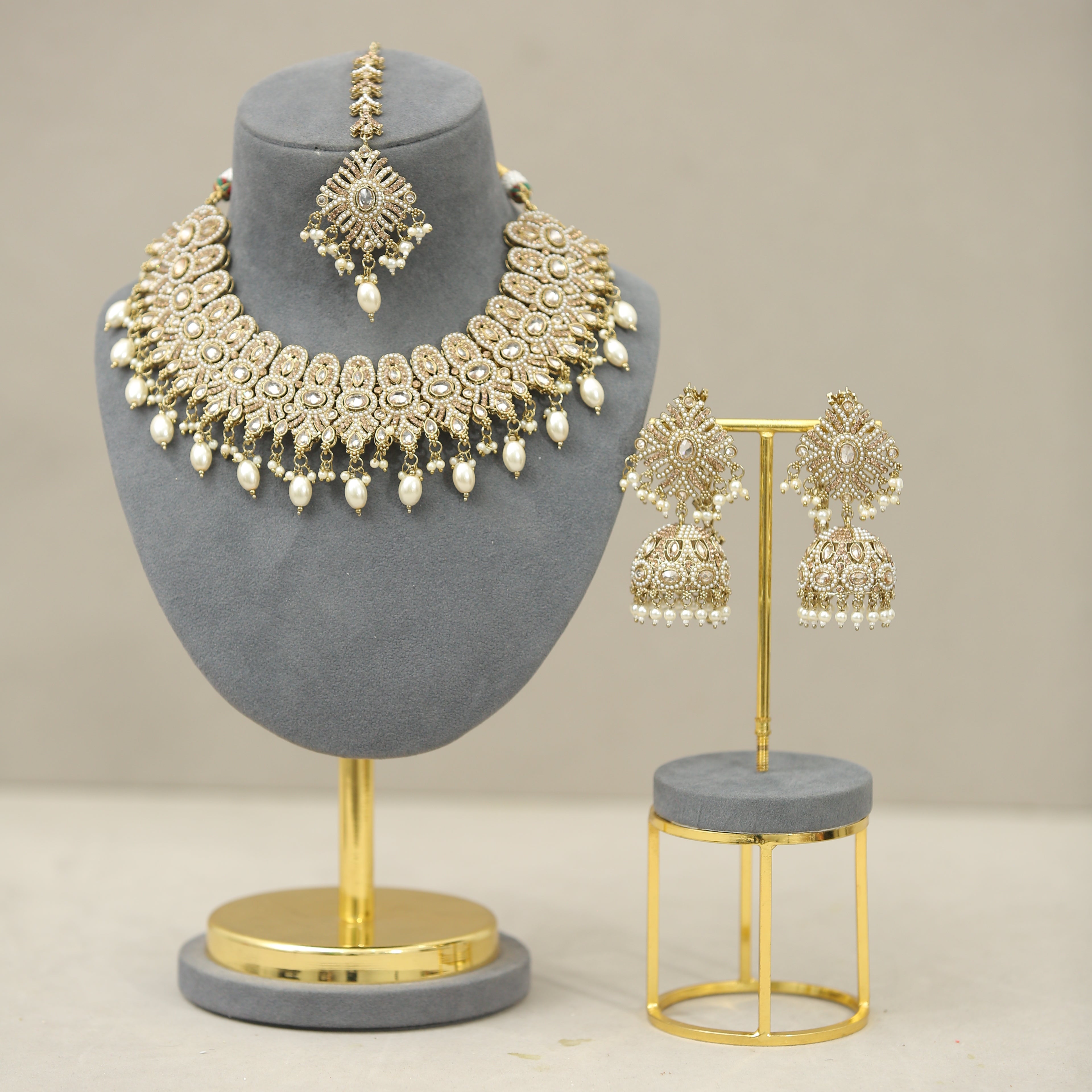 Hemani Polki and Stone Jewelry Set with Tikka - Traditional Indian Bridal Necklace, Earrings, and Hair Accessory for Weddings, Festivals, and Special Occasions