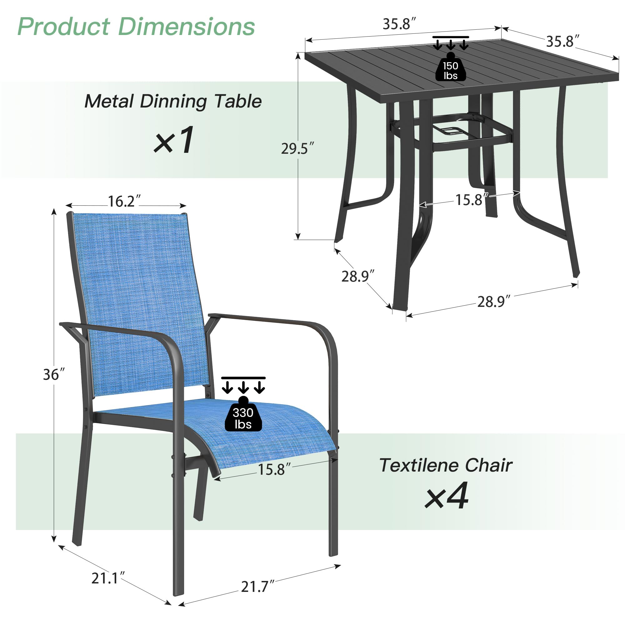5-Piece Outdoor Patio Dining Set - Square Metal Table with 4 Textilene Chairs & Umbrella Hole - Perfect for Garden, Deck, Backyard, Balcony, Porch - Durable All-Weather Furniture for Entertaining & Relaxation