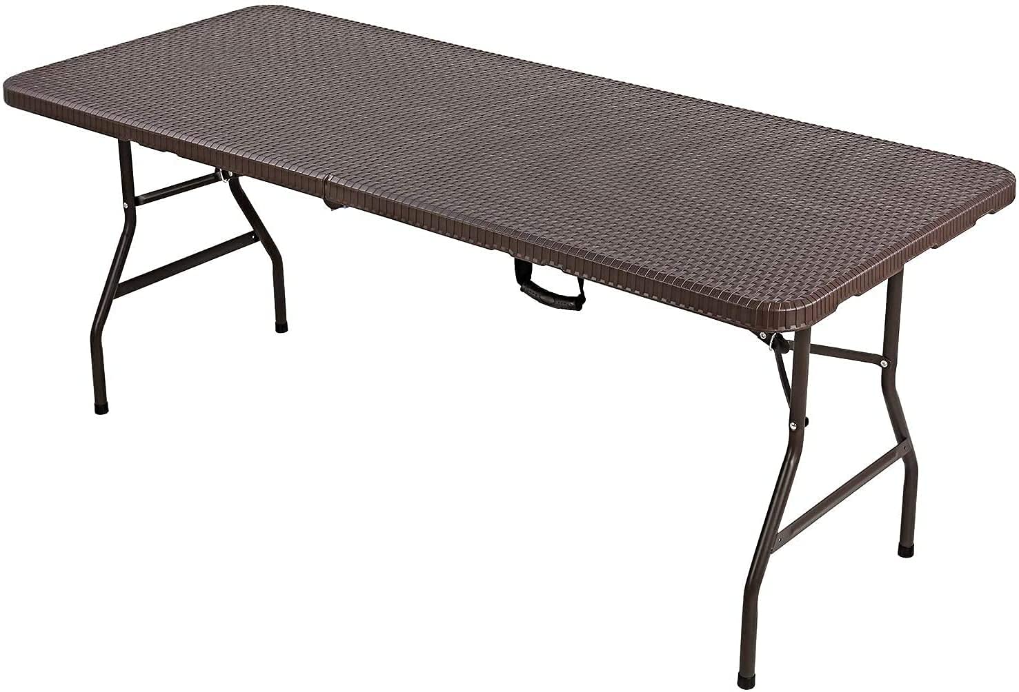 6ft Foldable Folding Table with Handle - Portable Half-Fold Rattan Look Plastic Table for Indoor Outdoor Use, Picnic, Camping, Party, Office, Home & Garden (Brown) | Durable & Lightweight for Easy Transport & Storage