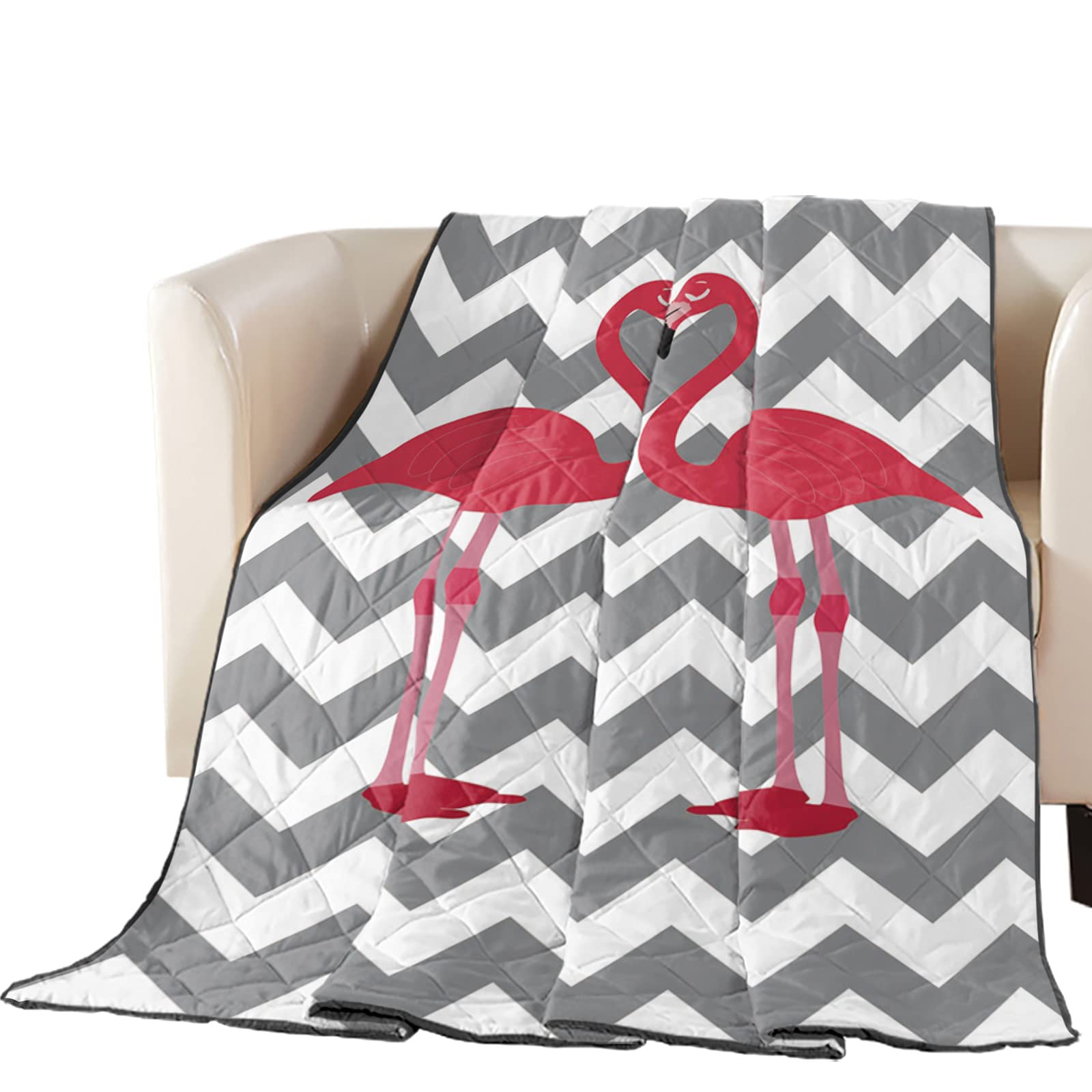 King Size Pink Flamingo Lightweight Down Alternative Comforter - Reversible Grey Chevron Duvet Insert for Bed, Sofa & Camping | Soft Cotton Quilted Blanket for Couples & Home Decor
