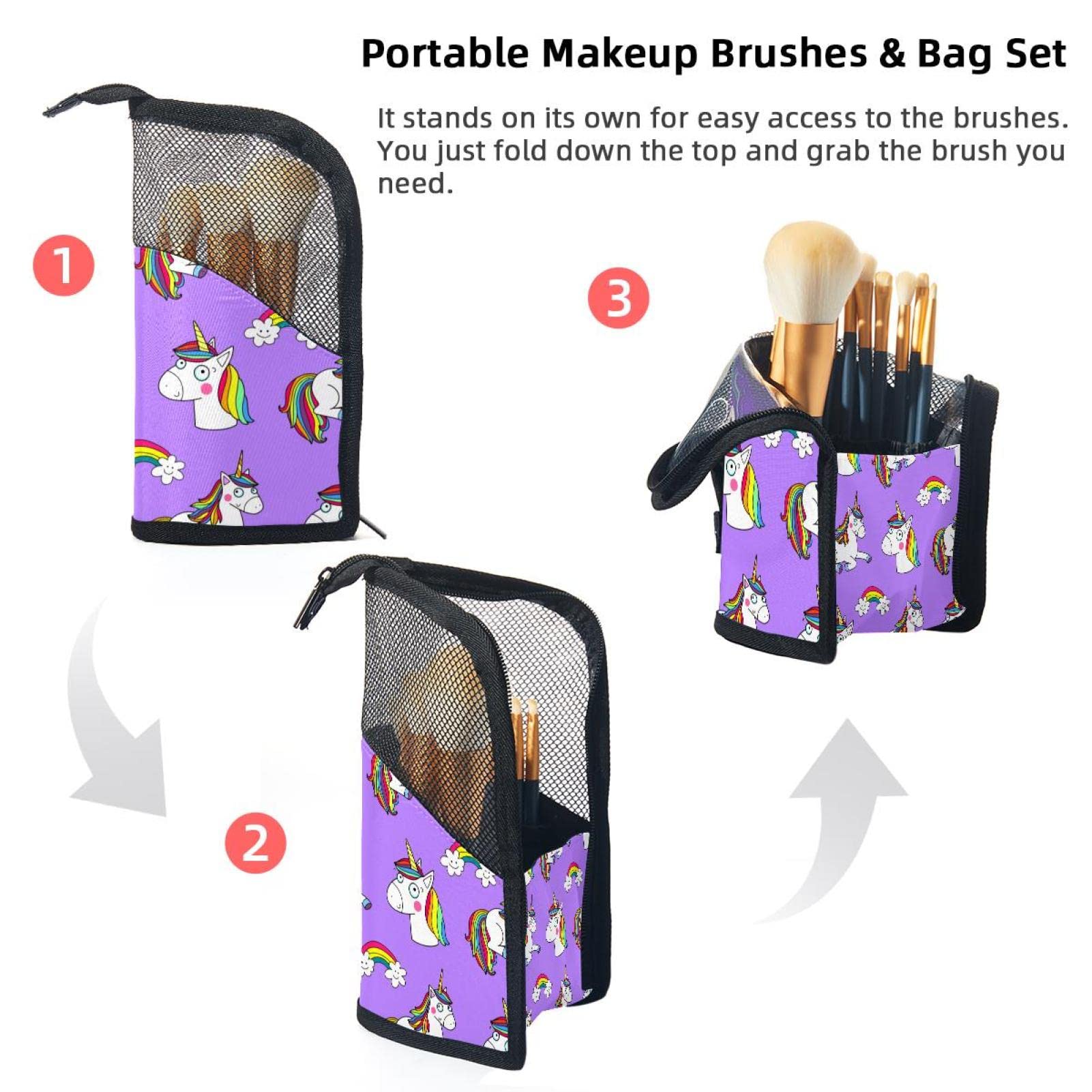 Portable Makeup Brush Organizer Bag with 12 Slots - Cute Unicorn Rainbow Pattern Cosmetic Brush Holder Case for Travel & Home Storage