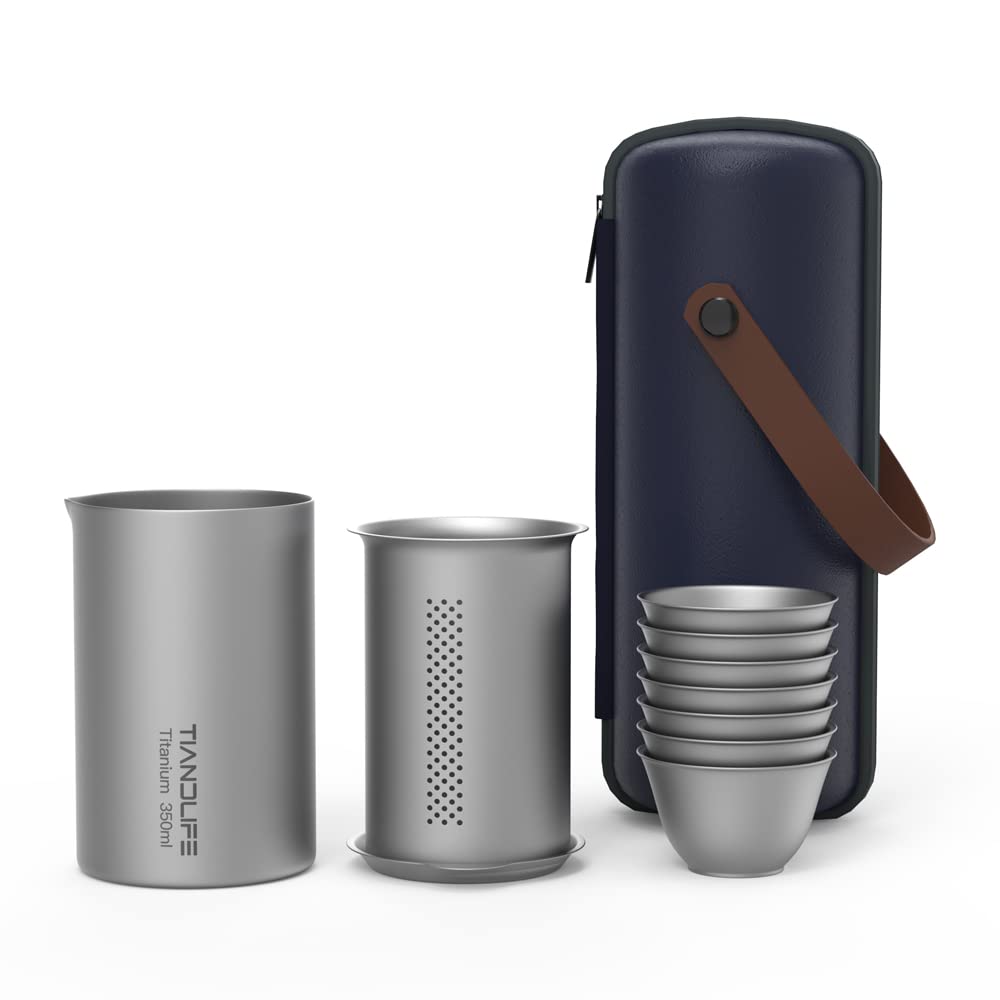 TIANDLIFE Titanium Portable Tea Set with Infuser - Chinese Gongfu Tea Cup Set for Brewing Loose Leaf Tea - Includes Tea Pot, Infuser & 7pcs 50ml Cups - Perfect for Home, Office, Camping & Travel Tea Ceremonies