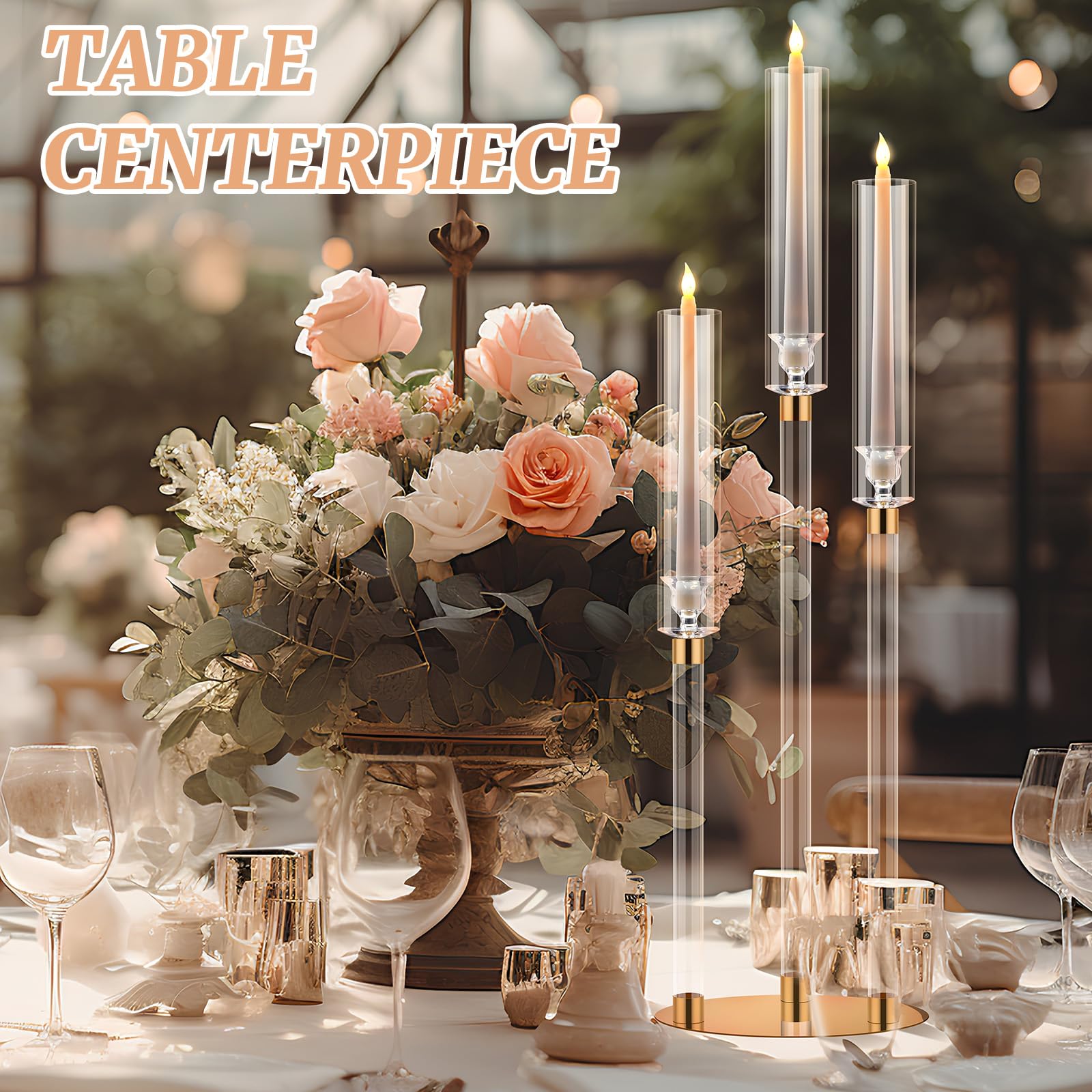 Layhit 6-Pack 30.5'' Tall Clear Acrylic Candelabra Centerpieces - Gold 3-Arm Crystal Candle Holders with Clear Lampshade for Wedding, Party & Home Decor - Fits 0.8
