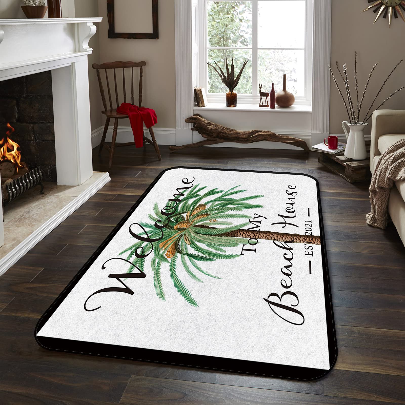 5' x 8' Modern Tropical Palm Leaf Area Rug - Soft Indoor/Outdoor Throw Carpet for Living Room, Bedroom, Nursery - Non-Slip Floor Covering for Kids Room, Summer Decor, Beach House Style