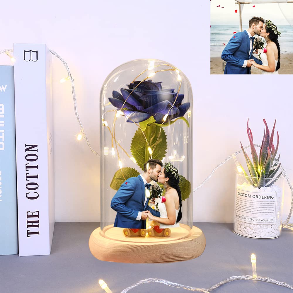 Custom Photo Text Red Silk Eternal Rose in Glass Dome with LED Light & Wood Base - Valentine's Day Home Decor, Anniversary Gift for Wife, Romantic Preserved Flower for Wedding Centerpiece & Bedroom Decoration