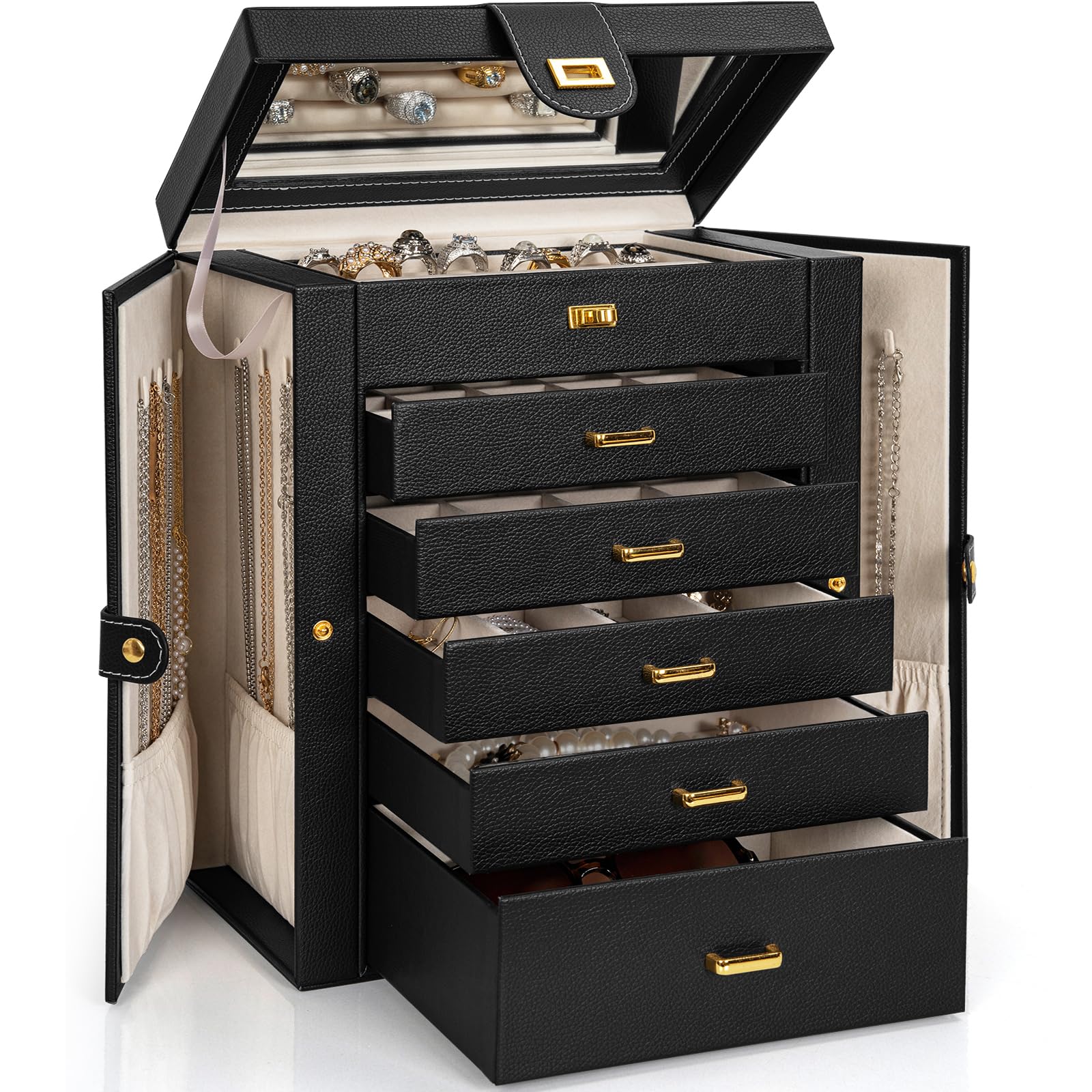 AKOZLIN Leather Jewelry Box Organizer for Women - Elegant Storage Case with Mirror for Rings, Necklaces, Earrings & Bracelets | Perfect for Travel, Home Vanity & Gift Giving