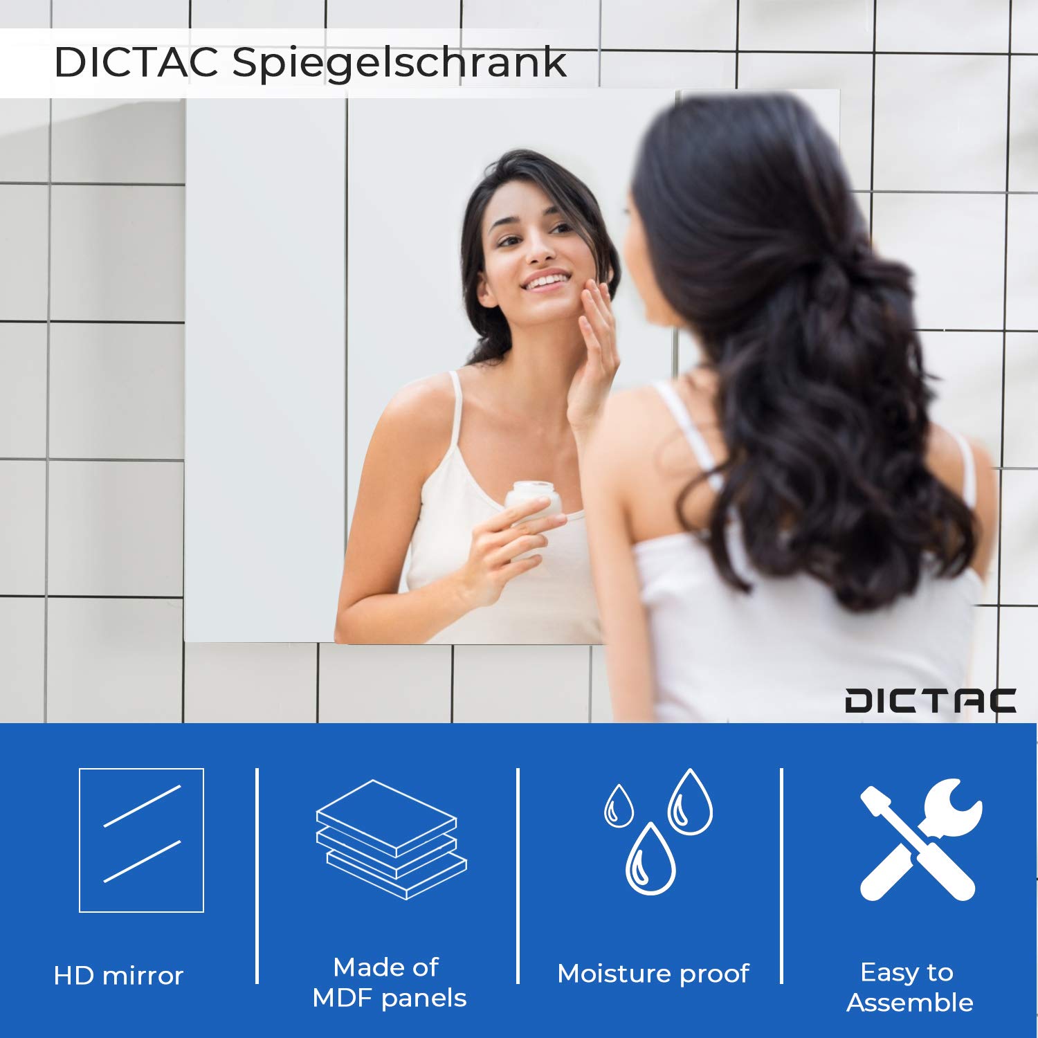 DICTAC 3-Door Medicine Cabinet with Mirror - 27.6x23.62 Inch Bathroom Wall Storage Organizer, Adjustable Shelves, White - Perfect for Bathroom, Bedroom & Vanity Organization